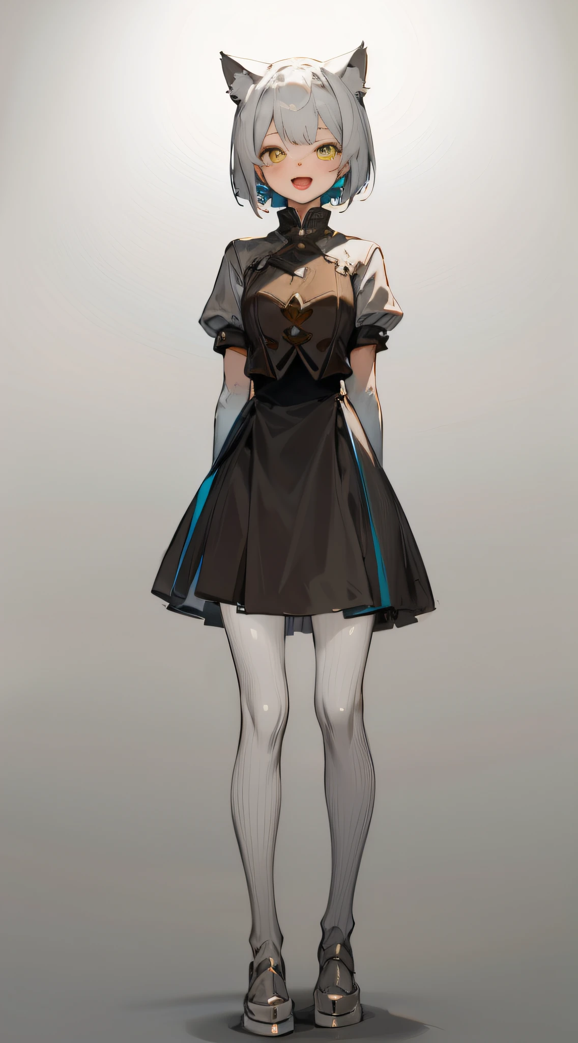 full body, upright, arms at sides, looking at viewer, pure-colored background, 1girl, open mouth, cat ears, smile, wearing silver armor