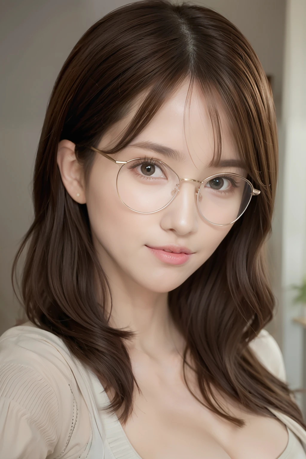 (8K, Best Quality, Masterpiece: 1.2), (Realistic, Photorealistic: 1.37), Best Quality, Masterpiece, Absurdity, Huge File Size, Ultra High Definition, Very Elaborate Girl, Very Elaborate Eyes and Face, Beautiful Eyes, Brown Eyes, Facing Forward, Look at the Beholder, Upper Body, Glasses, Straight Hair, Thin Fabric Sweater, Midchest, Cleavage