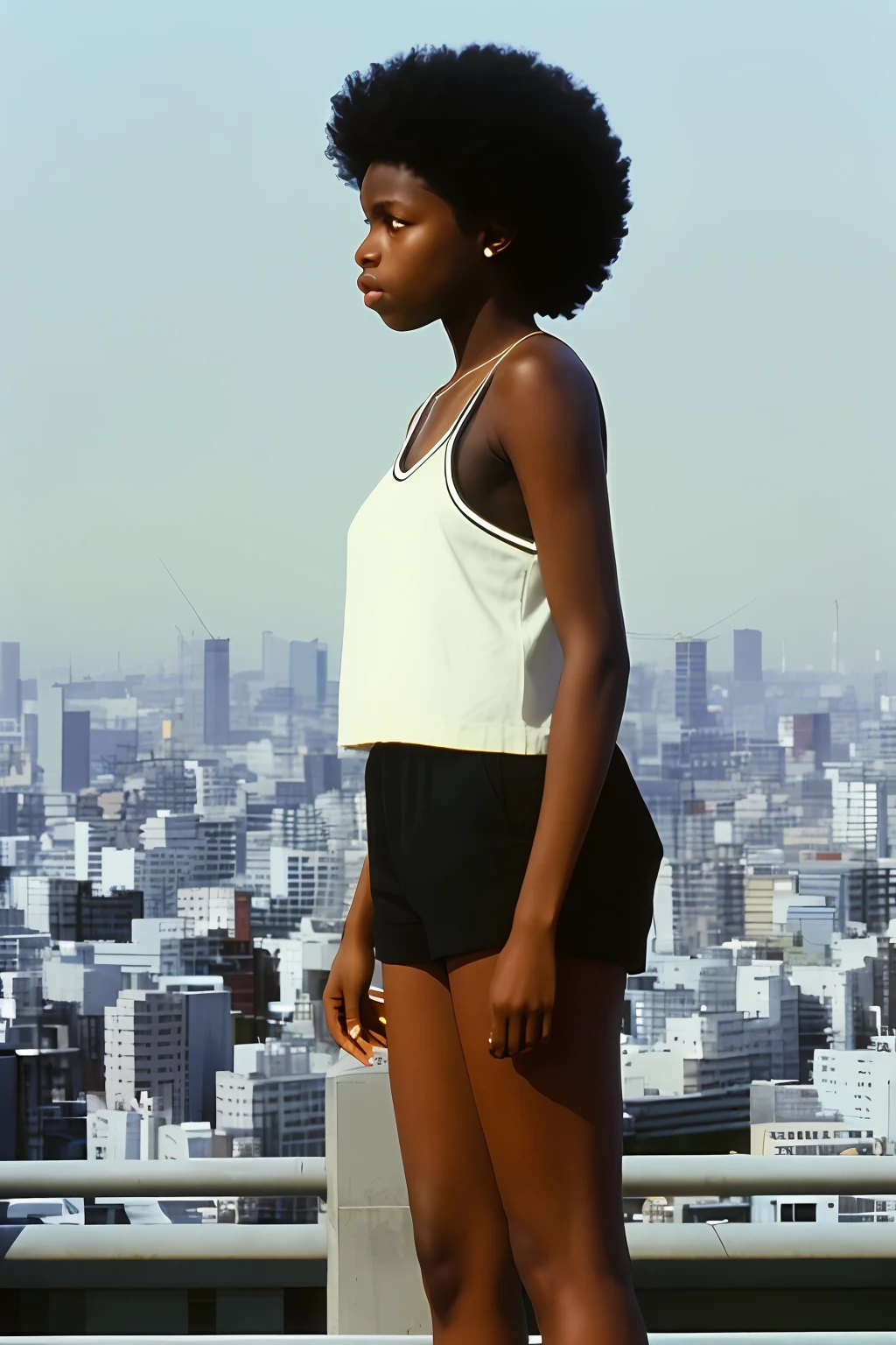 color film photograph of black girl, wearing 80s fashion, short, tanktop, 1980s, Tokyo, city, looking into the distance, modelshoot style, 35mm,provia,dramatic light, flat chest,