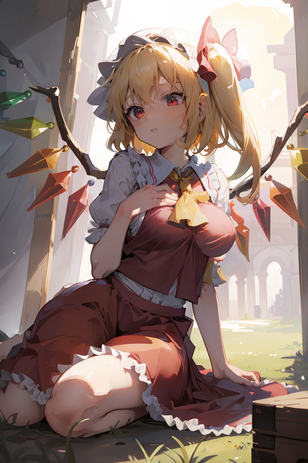 (masterpiece),best quality, expressive eyes, perfect face, 1girl,
big breast, H-cup, good breast, beautiful, gorgeous,anime,girl,lora, floating clothes, tent chest ,
 nipple visible  though clothes,flandre scarlet,
1girl,blonde hair,mob cap,hair bow,bowtie,side ponytail,wings,short sleeves,vest,ascot,1wings,1 pair of wings,W sitting, w sitting on ground, legs on ground, grabbing on boob,hand on chest,sbg,
Chest grab,
Chest lift,two hands on chest