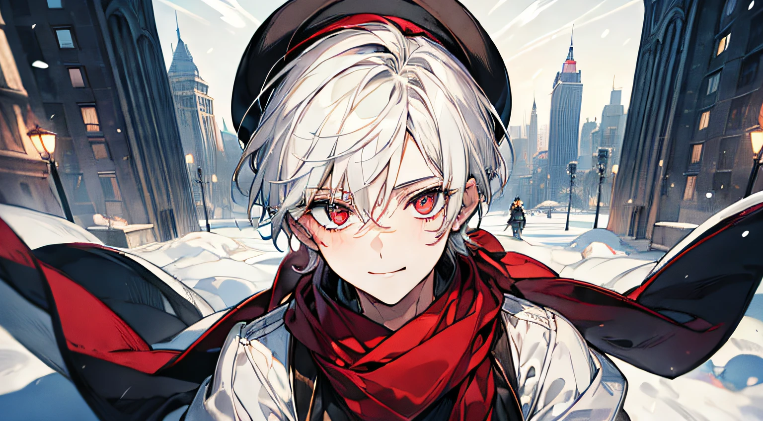 ((masterpiece)),(((best quality))), (high-quality, breathtaking),(expressive eyes, perfect face), a short young boy, short white hair, red eyes, smiling, black winter outfit, wear short shorts, hat, scarf, stocking, shine, glow, snow, city, close up, portrait