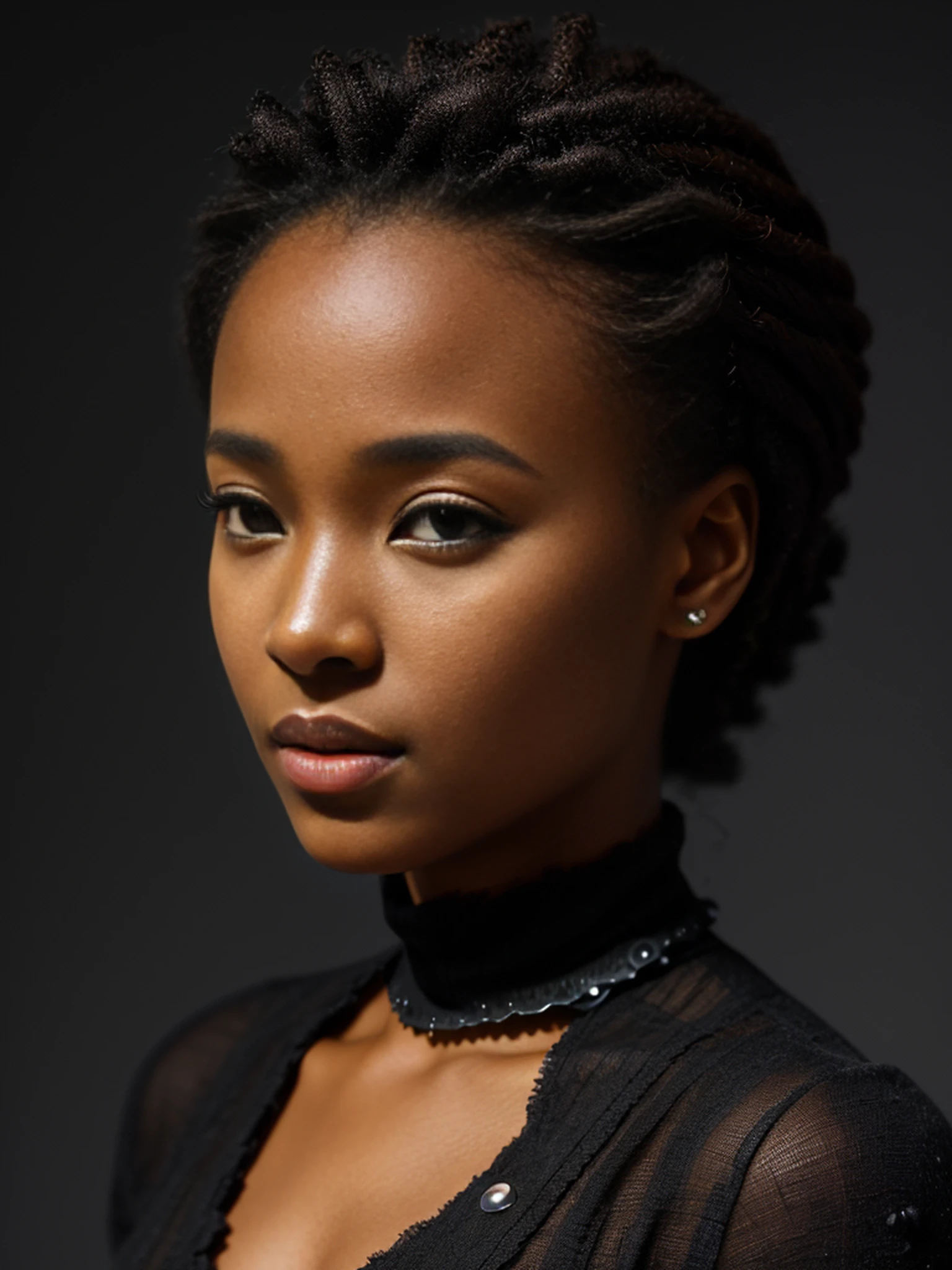 African woman, short dress, posing, black clothing, full body, detailed background, ultradetailed, HD, 8K, highlights, good lighting, ((art by Emmanuelle Moureaux and (Wangechi Mutu:1.1))), nostalgia , Professional high detail photography, detailed skin, textured skin, skin pores, skin details, ((detailed pupils)), high details, photorealistic, sharp focus, nikon d7500 24mm, f/1.4, ISO 100, 1/ 1600s, UHD 64k, RAW, unedited photography, depth of field, bokeh, dramatic