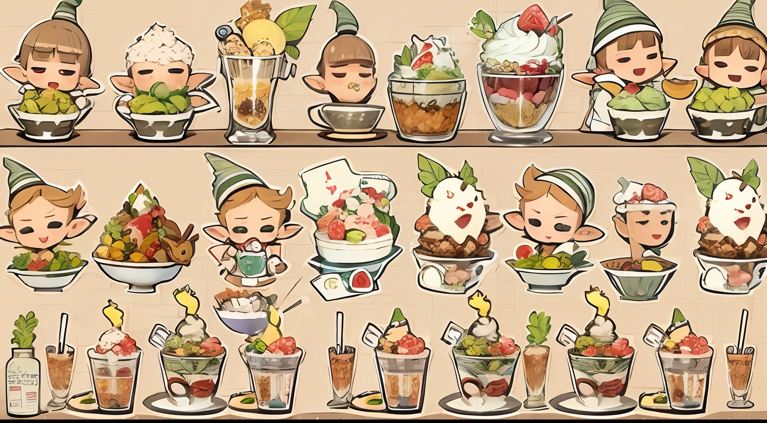 Realistic hand drawn style with cute elf characters、Everyone is eating a big parfait for the party