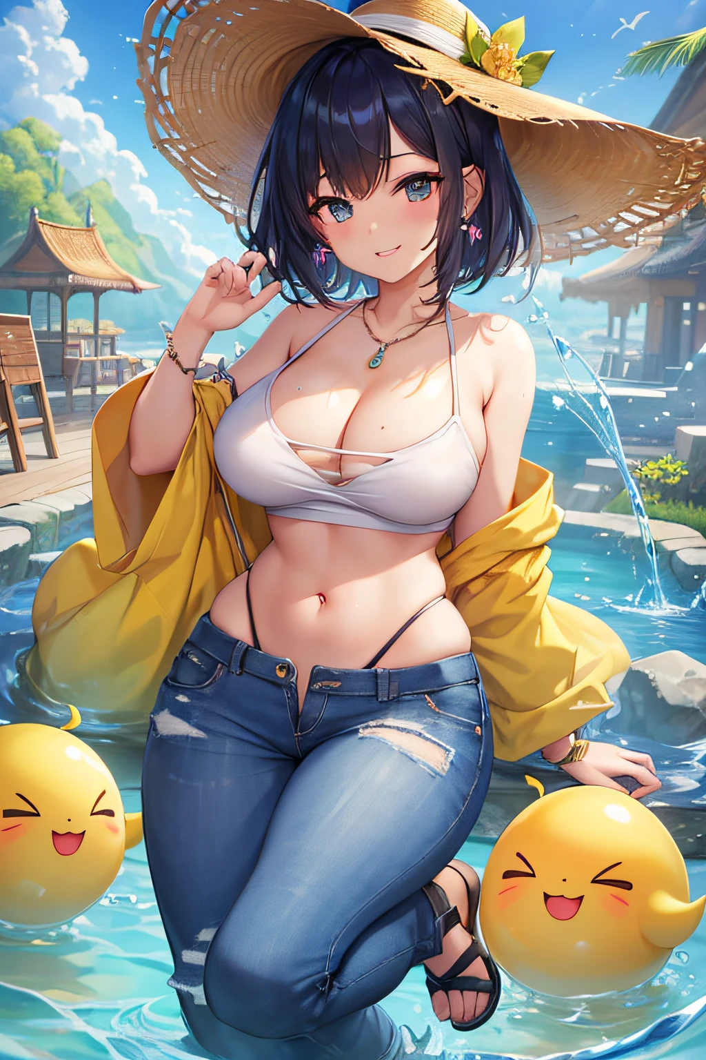 masterpiece、top-quality、perfect anatomia、big juicy lips、Big Rip、thick juicy thighs、make - up、 shiny breasts、Looking at the camera、vivd colour、cinema4d、octan render、Innovative、Curvaceous but slender、Mystical aura、Using advanced machine learning、perfect-composition、 Professional quality、Professional color scheme、Shooting from under your feet、Photographed by a professional photographer、beauitful face、disheveled hair、shinny skin、blurry backround、Put hair on your ears、Full body posture、a necklace、piercings、Model face、Mole、Dimples、shiny、Short denim、moderate lighting、Constricted body、beauty legs、Embarrassed、super detailing, (High Detail Skin), (Top image quality: 1.0), (Super HD: 1.0), (Top image quality, masterpiece), Ulutra HD, full body Esbian、Completely original、A beautiful girl like no other、Fashion that no one can imitate、Special hairstyles、Special tattoos、Special hats、Arm Accessories、a necklace、garterbelts、Hair color gradient、Background scrap field、A city filled with smoke、Blurry background、model fashion、Satisfied face、Crest on the cheek、slacks、Pop T-shirt、unique pose、Unique hairstyles、Slim arms、slender legs、Hair length random、short-haired、Sketch Touch、Strong pen pressure、intricate clothing、Super complex costumes、A large amount of ornaments、smiling、huge smile、ssmile、Exquisite sexy poses、Cute yellow monster on the side of a woman、belly button piercing、Leg Accessories、Magic Attacks、Sulfuric acid attack of yellow slime、Selection、Slashing、Background Three Kingdoms period village、Light Attack、ripples、Smile with your teeth out、Tattoo on the leg、