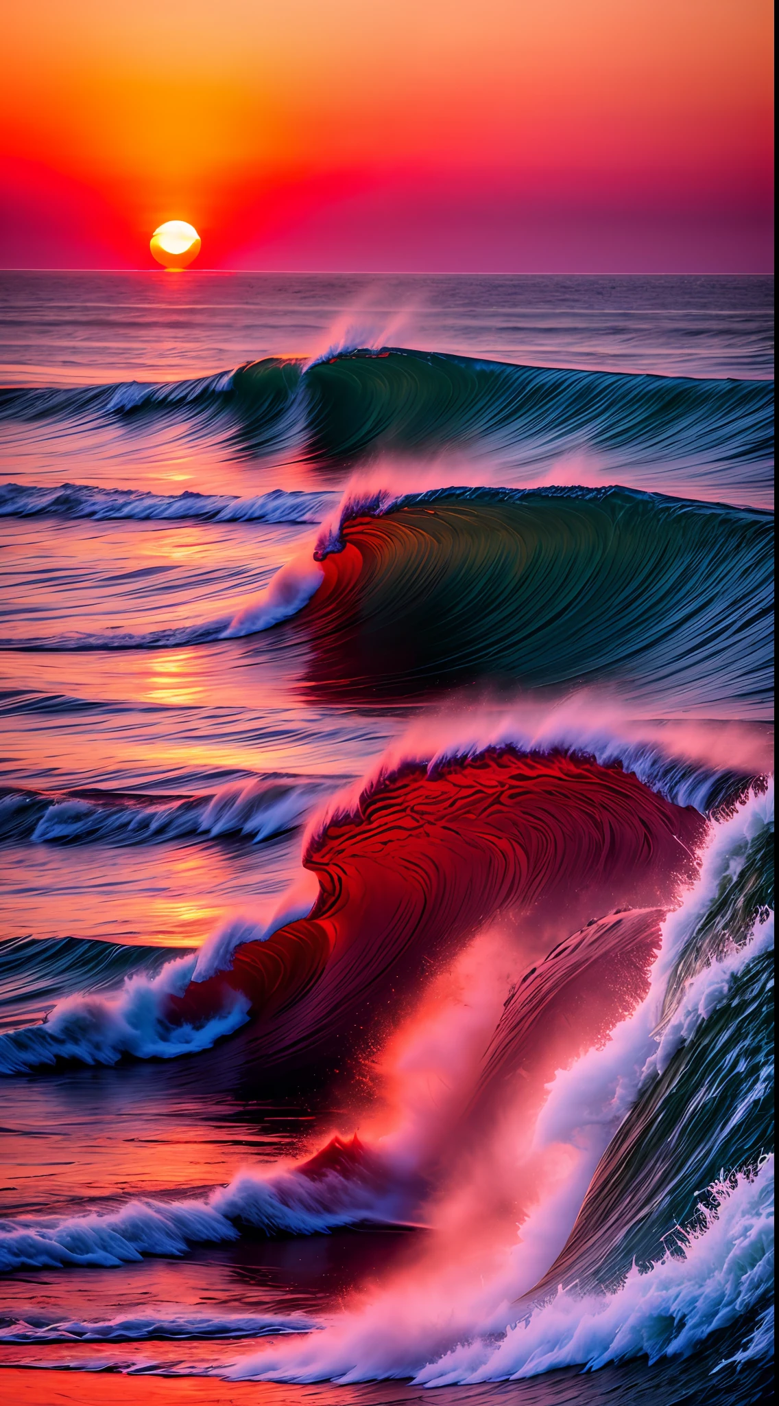 ((Red sunset over the sea ), waves, splatter,