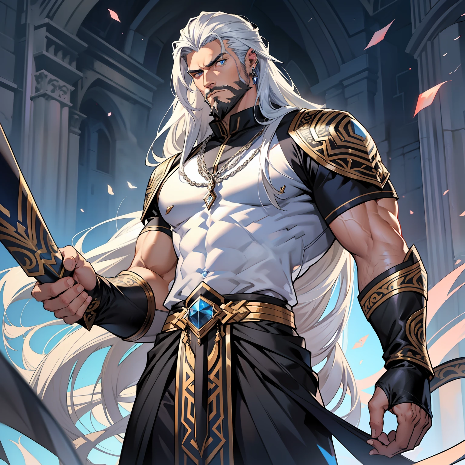 Atlan is a tall handsome male. Standing at 7 ft 5. He is athletic built with beautifully long silky silver hair and blue eyes. He is always seen with a stern look on his face. He is clothed with the finest royal attire in silver and black. His beard matches his hair. Muscular man, bulge in pants, arrogant expression, piercings