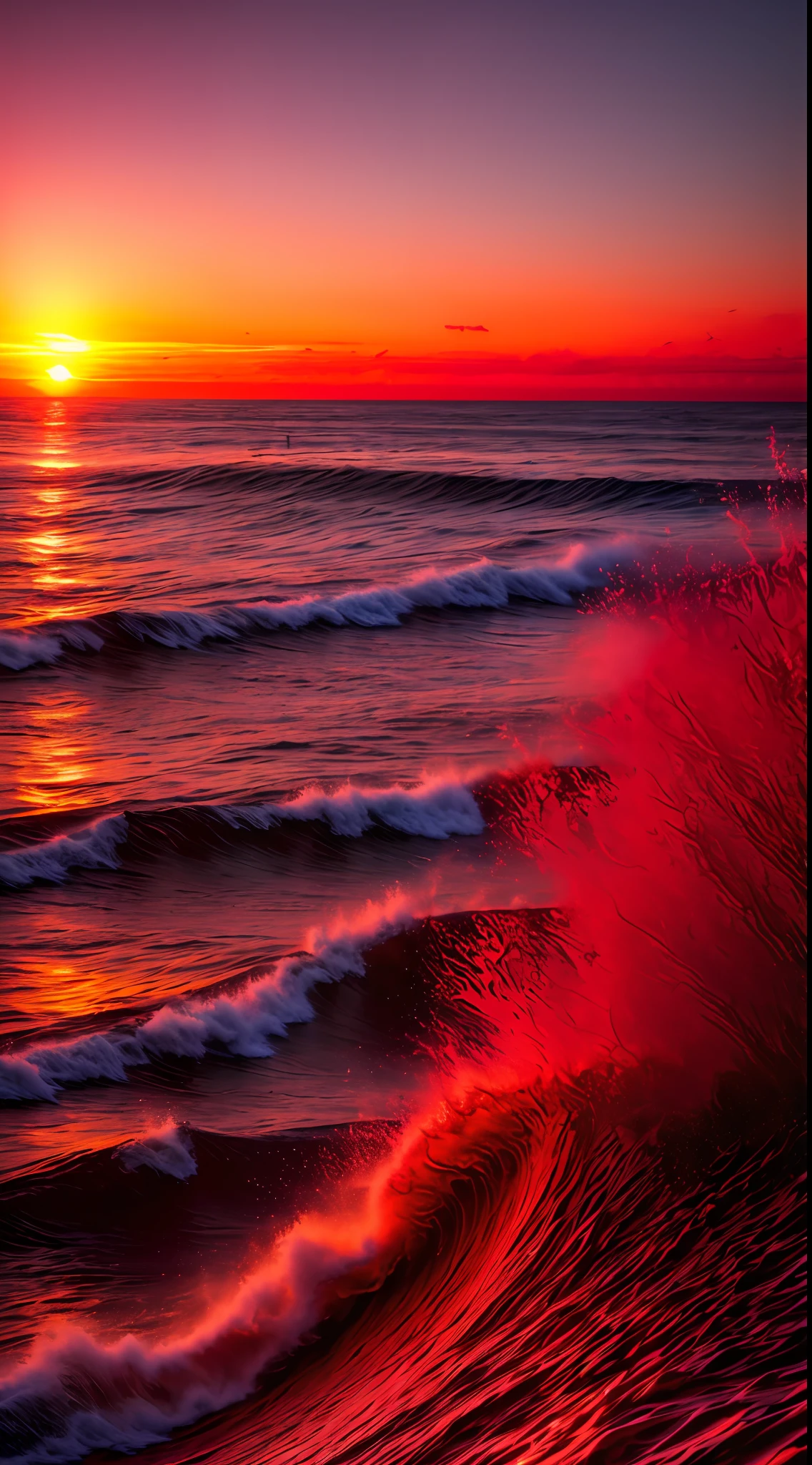 ((Red sunset over the sea ), waves, splatter,