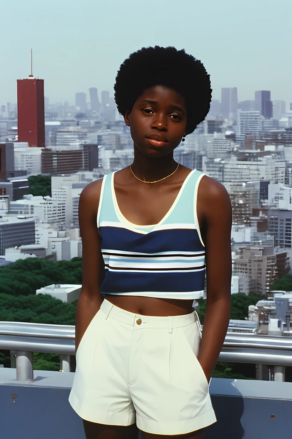 color film photograph of black girl, wearing 80s fashion, short, tanktop, 1980s, Tokyo, city, looking into the distance, modelshoot style, 35mm,provia,dramatic light, flat chest,