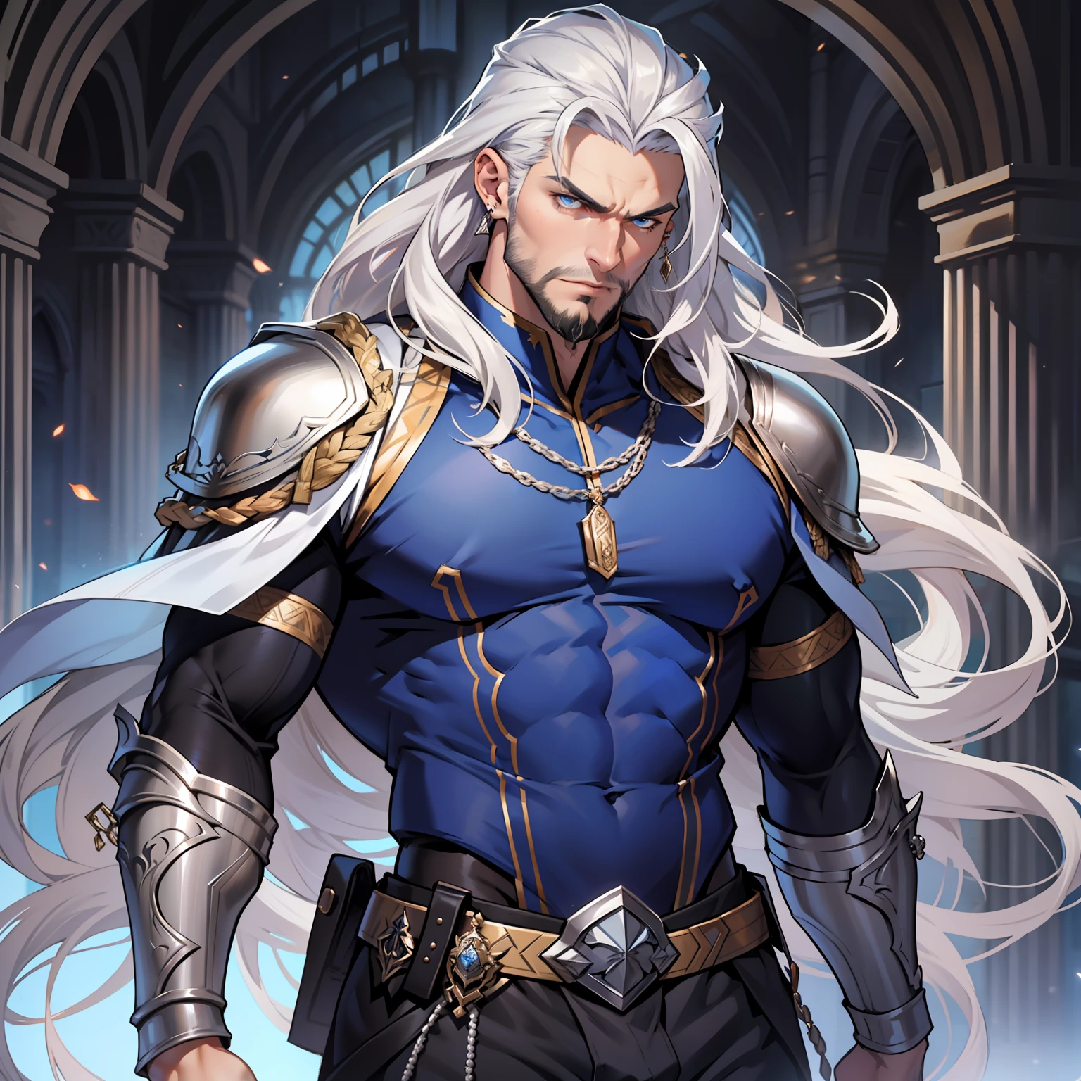 Atlan is a tall handsome male. Standing at 7 ft 5. He is athletic built with beautifully long silky silver hair and blue eyes. He is always seen with a stern look on his face. He is clothed with the finest royal attire in silver and black. His beard matches his hair. Muscular man, bulge in pants, arrogant expression, piercings
