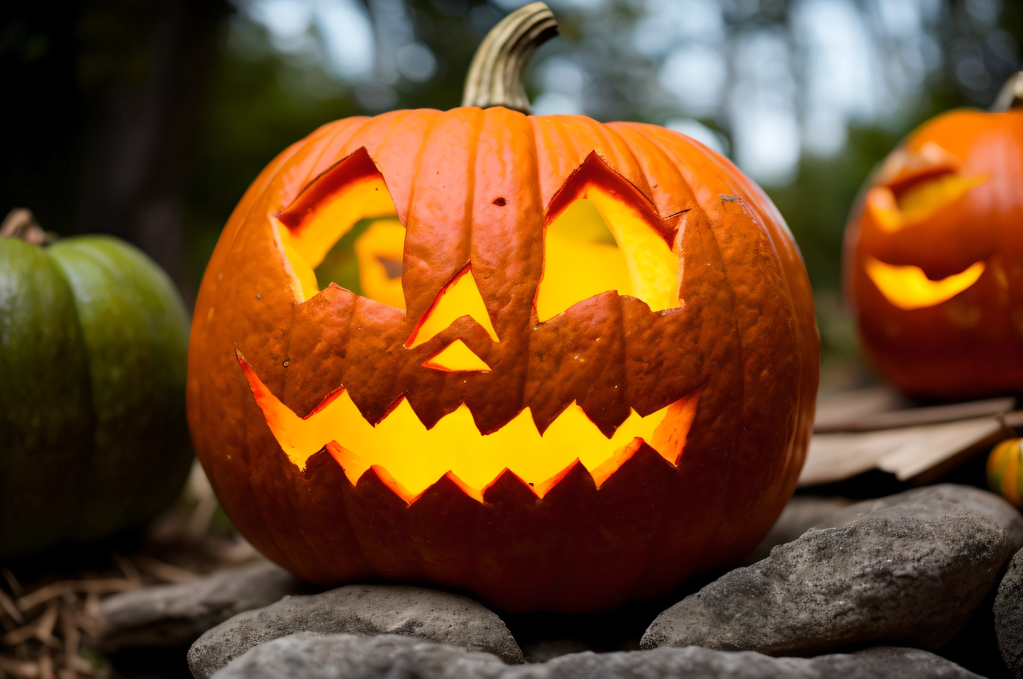 Hay una calabaza tallada con una cara en ella, Jack - O'- Linterna, Ambiente de Halloween, Ambiente espeluznante y aterrador, Creepy carved expression, Jack-o-lanterns, Halloween Celebration, Cabeza de calabaza, Halloween Movie, halloween Foto realista perfecta para fondo de pantalla, Calidad de foto muy realista, 8k, Hiper calidad, (((Photo taken with Canon R10 camera))) sentido de escala, 4k, (((Mejor calidad, 8k, Obra maestra))), foto realista, (((Foto super realista))), (((Foto super realista))), (((Foto super realista)))), Foto estilo editorial, 1:1