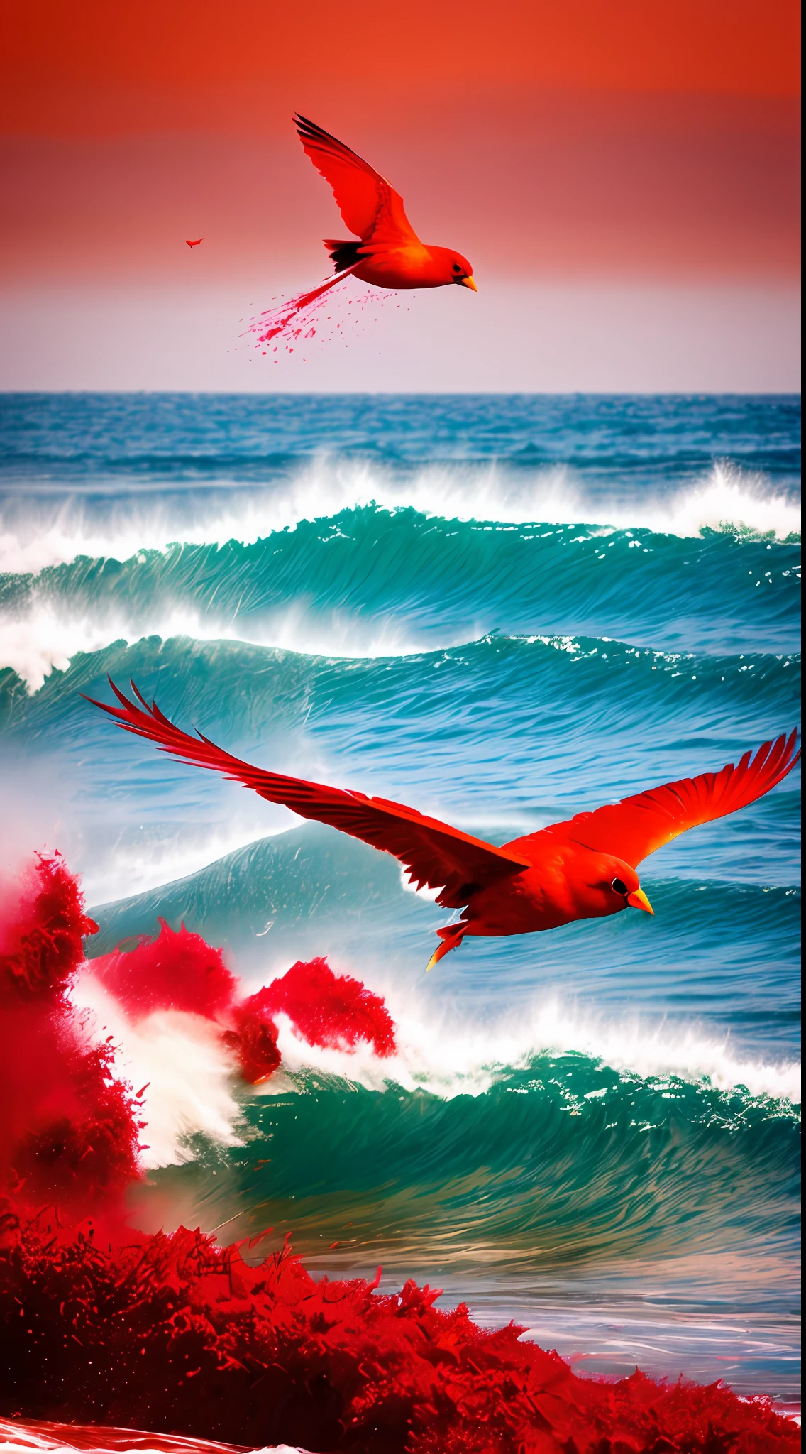 ((One red bird flies over the sea), waves, splatter,