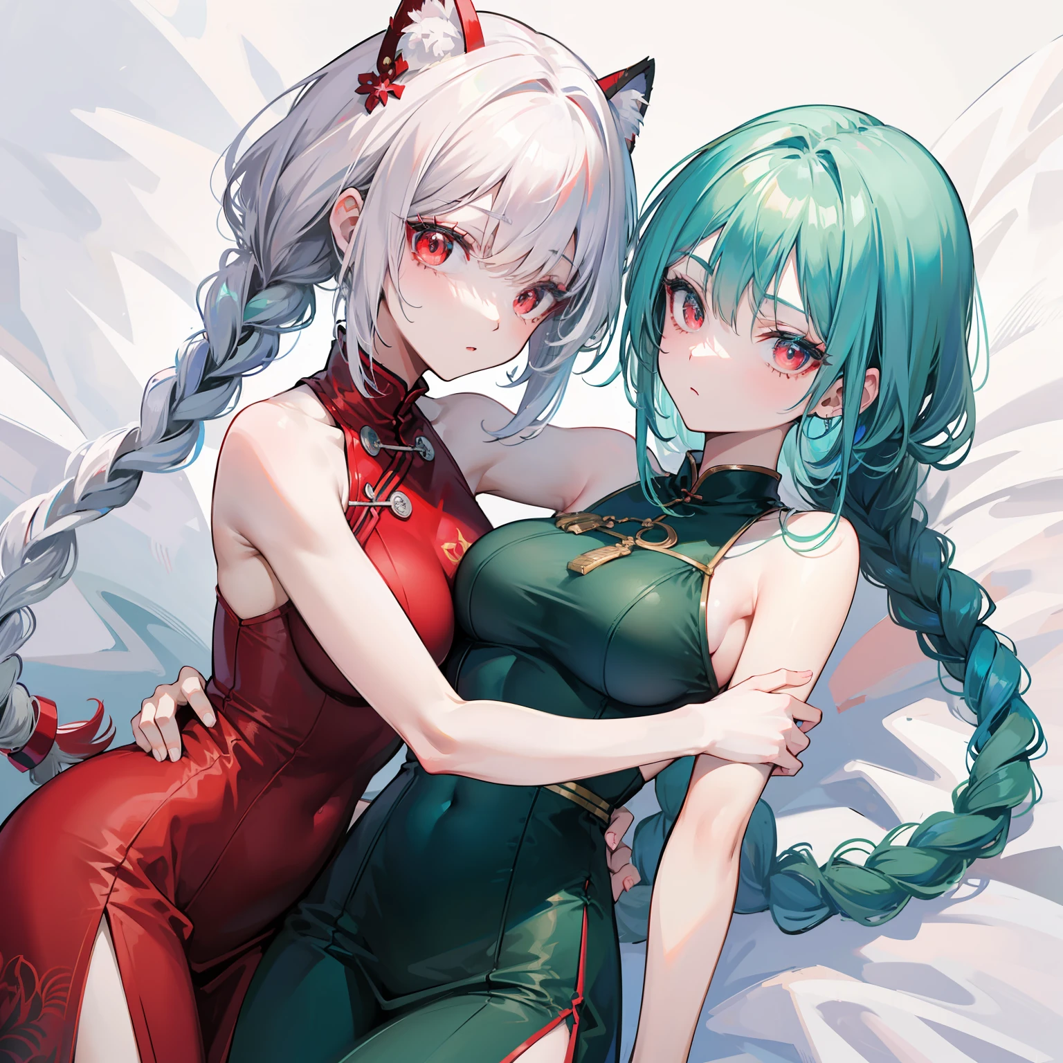 Wanye Red Eyes is an adult woman, her white hair is tied into a short braid and placed behind her head,Below the two strands of dull hairs on the top of the head is a red dye with the same color as the pupil,red color eyes,F-cup,Wearing a red cheongsam,Wearing black silk,Put your arm around Wendy's waist。 Wendy is an adult girl,But it's actually very mature,The hair is blue and fades to dark green,The sideburns have two twisted braids,These two braids fade from blue to dark green,cyan eyes,Cyan cheongsam,E cup,Wearing white silk。The two of them sat on the bed