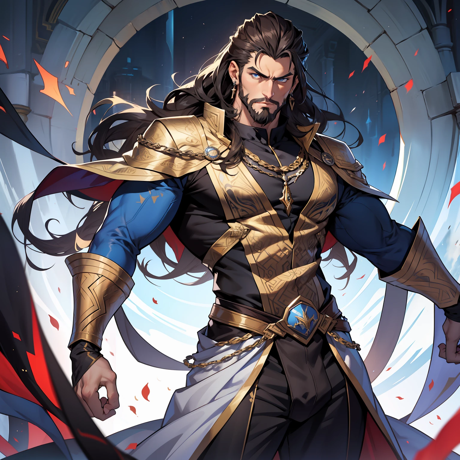 Atlan is a tall handsome male. Standing at 7 ft 5. He is athletic built with beautifully long silky brown hair and blue eyes. He is always seen with a stern look on his face. He is clothed with the finest royal attire in silver and black. His beard matches his hair. Muscular man, bulge in pants, arrogant expression, piercings
