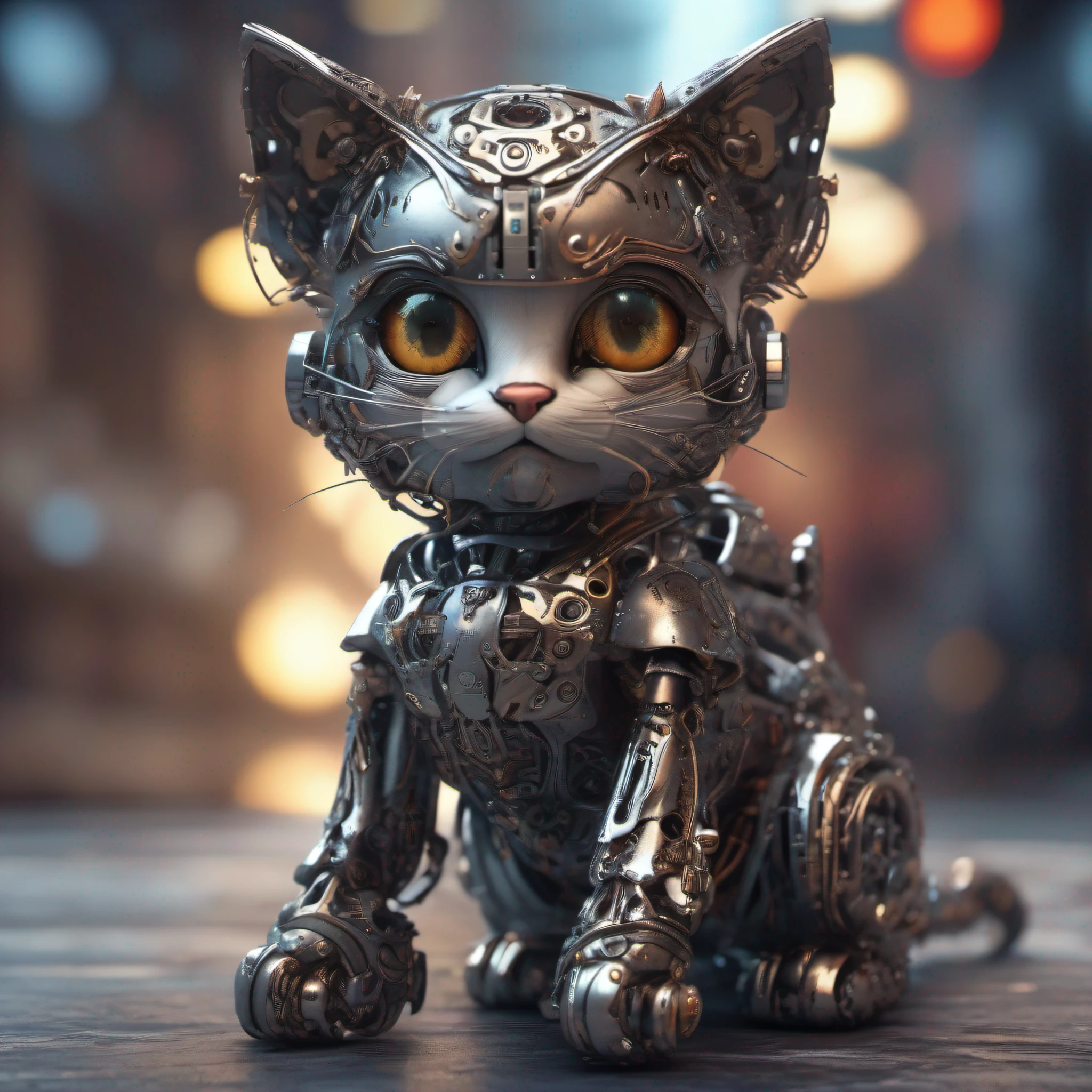 A cute kitten made of metal, robot, cyberpunk style, ((intricate details)), hdr, ((intricate details, super detailed)), cinematic footage, vignette