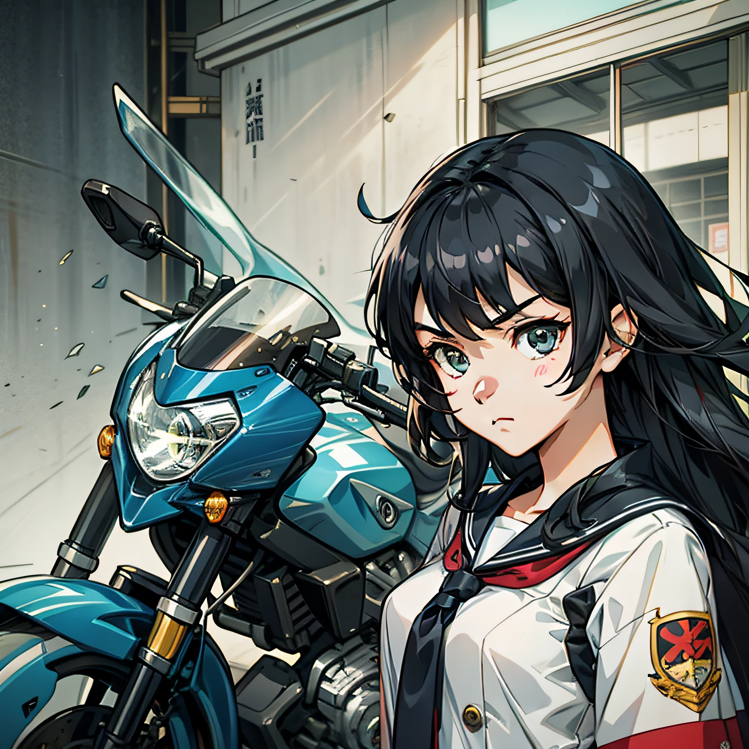 Girl anime character in high school uniform with black hair, bangs covering eyebrows, long hair, short hair, expressionless, collapse 3rd style, chic, kuldere, japanese animation studio style, masterpiece, girl riding a motorcycle, moe art style