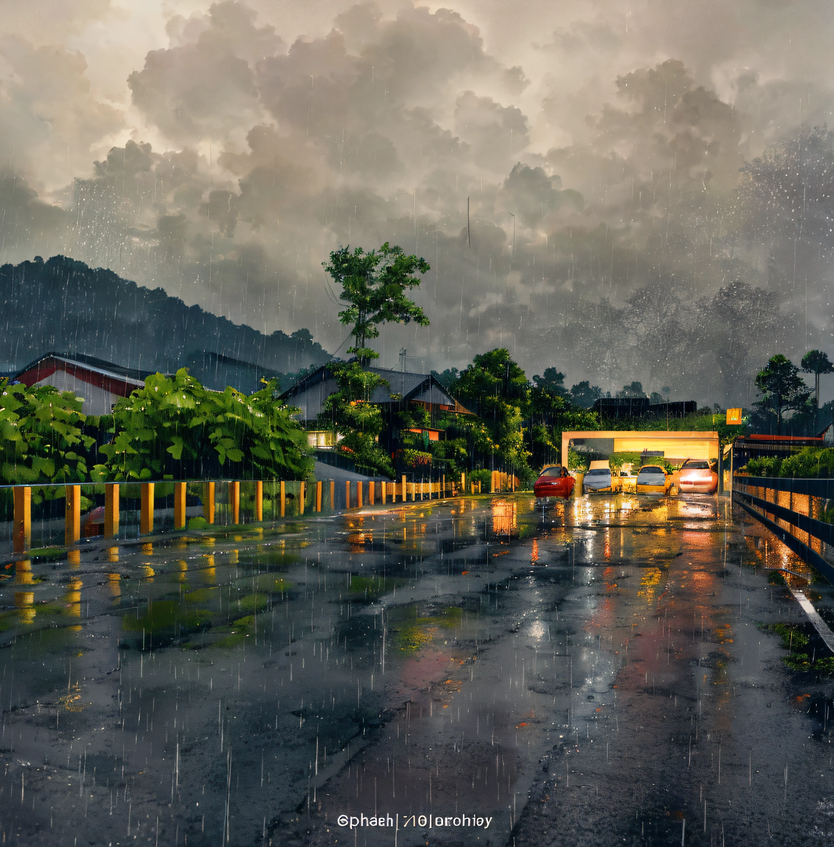 there is a car driving down the road in the rain, at evening during rain, day after raining, weather photography, it is raining heavily, vibrant but dreary, just after rain, bad weather approaching, in the rain in the early evening, heavy rain approaching, rain storm, rain is falling, after rain, wet road, hilly road, heavy raining