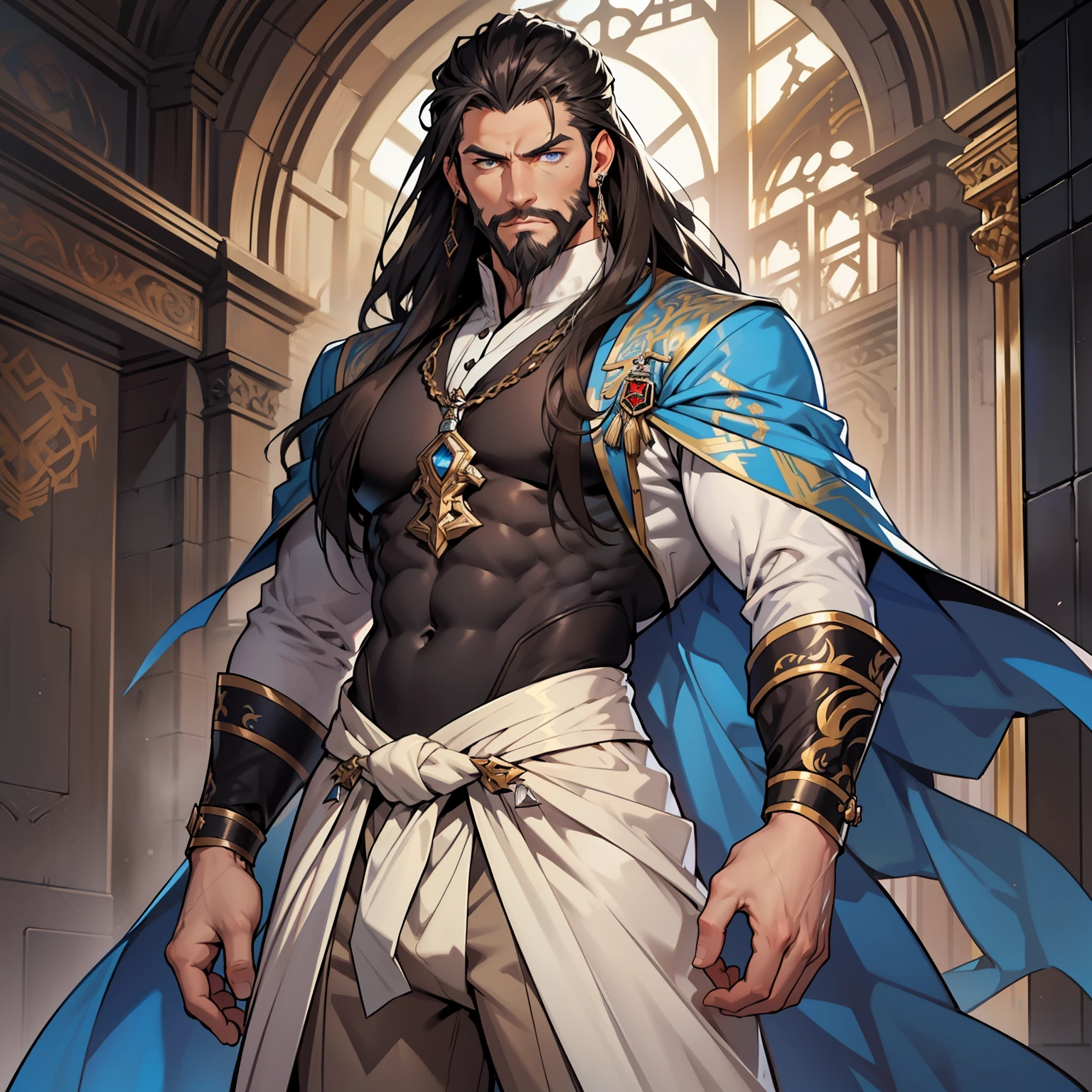 Atlan is a tall handsome male. Standing at 7 ft 5. He is athletic built with beautifully long silky brown hair and blue eyes. He is always seen with a stern look on his face. He is clothed with the finest royal attire in silver and black. His beard matches his hair. Muscular man, bulge in pants, arrogant expression, piercings