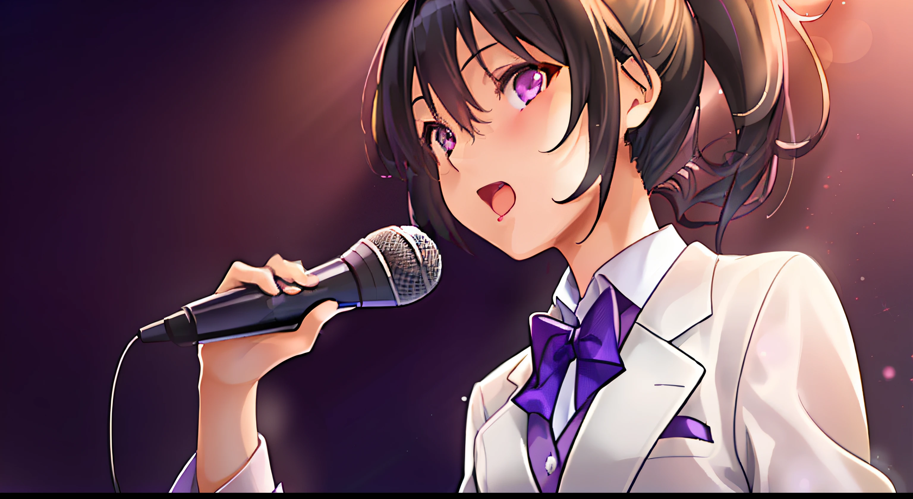 1girl, solo, cg art, sakaki, very short ponytail black hair, small to medium breast, purple eyes, (white pharmacist coat), (formal clothes), looking at viewer, holding a microphone, karaoke red background, sitting, singing, lighting