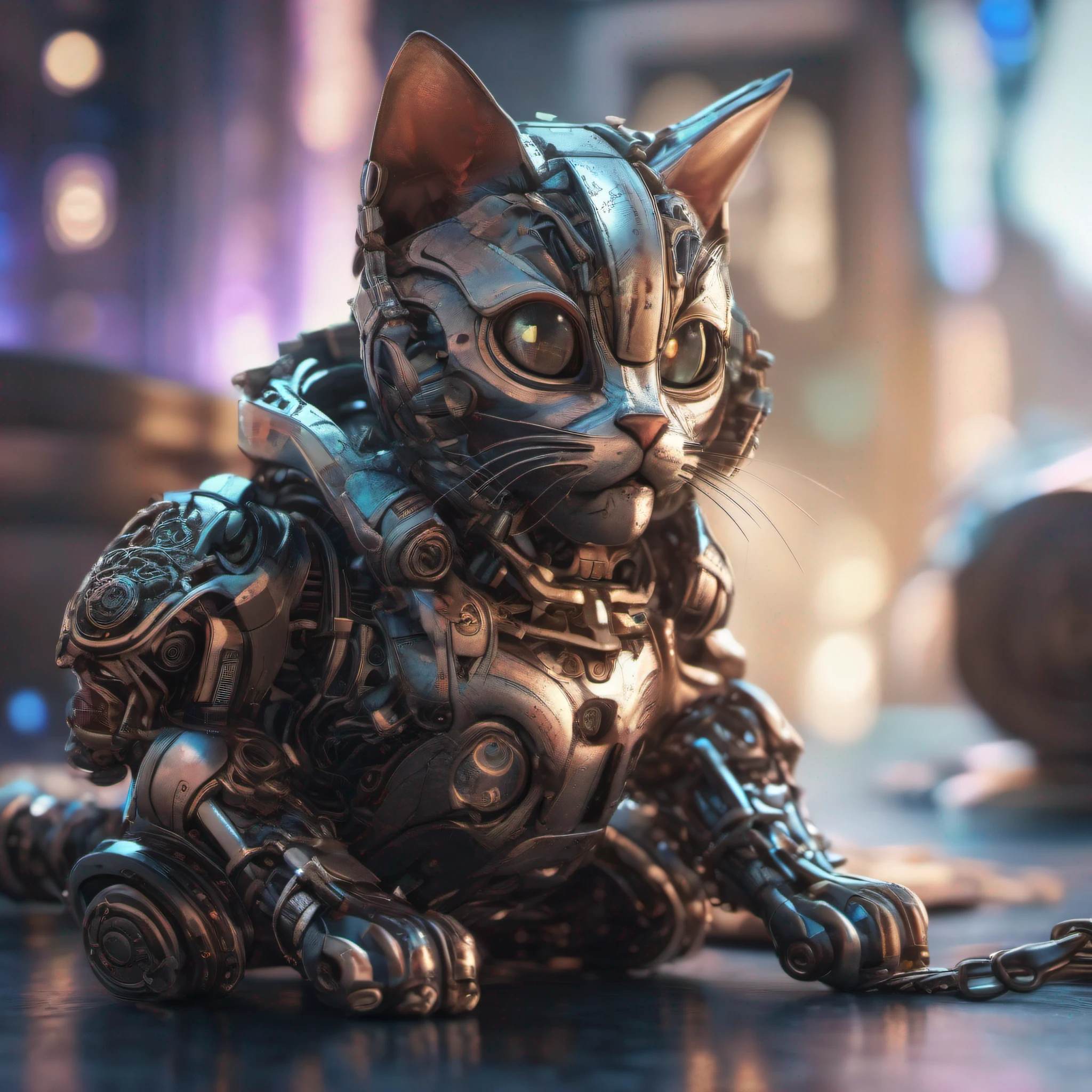 A cute kitten made of metal, robot, cyberpunk style, ((intricate details)), hdr, ((intricate details, super detailed)), cinematic footage, vignette