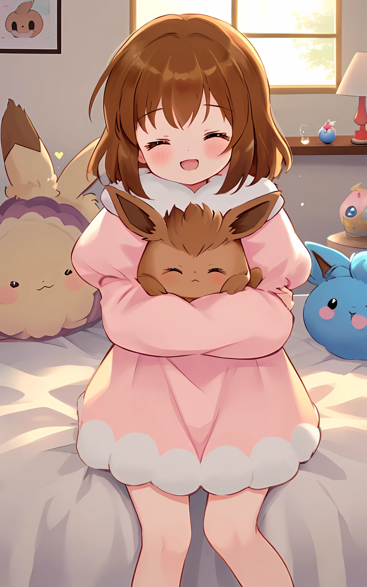 cute smol happy 1girl hugging her solo cute happy floofy (eevee)+ pokemon, warm lighting, loving, cozy bedroom, colorful, (eyes closed)+, blankets