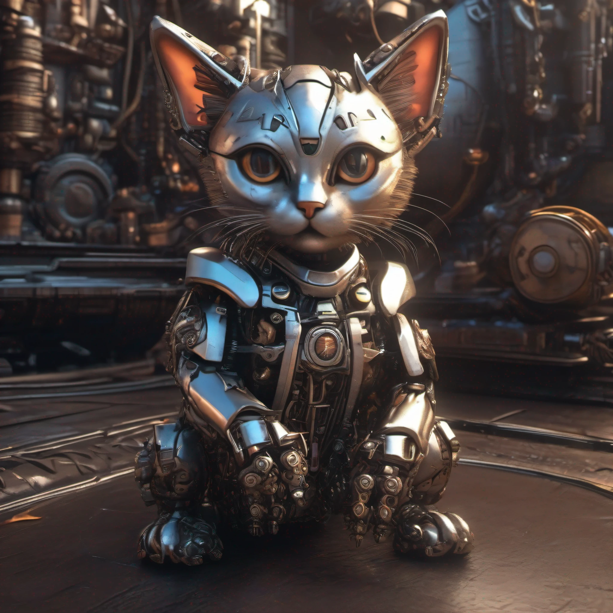 A cute kitten made of metal, robot, cyberpunk style, ((intricate details)), hdr, ((intricate details, super detailed)), cinematic footage, vignette