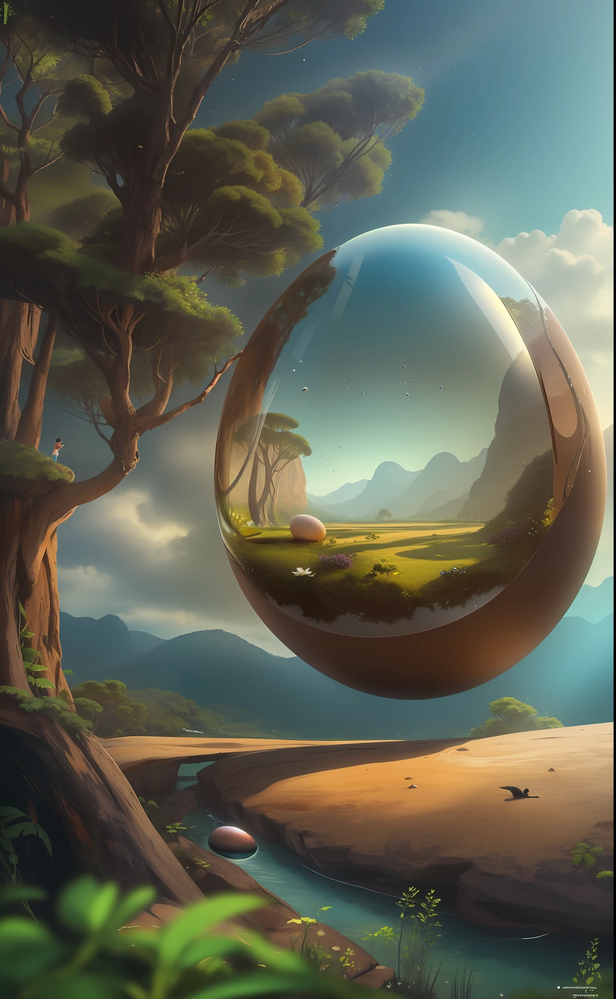 Uma imagem ultra realista de um ovo grande e brilhante, floating in the space. The egg is made of a transparent material, and it is possible to see a verdant and lush landscape inside it. There is a dense forest, um rio sinuoso e uma montanha no horizonte. The sky is blue and clear, e o sol brilha brilhantemente.
The image is detailed and realistic, And it's easy to imagine yourself inside the egg, explorando a paisagem. The image is also inspiring and optimistic, and it's a reminder of the beauty of the natural world.