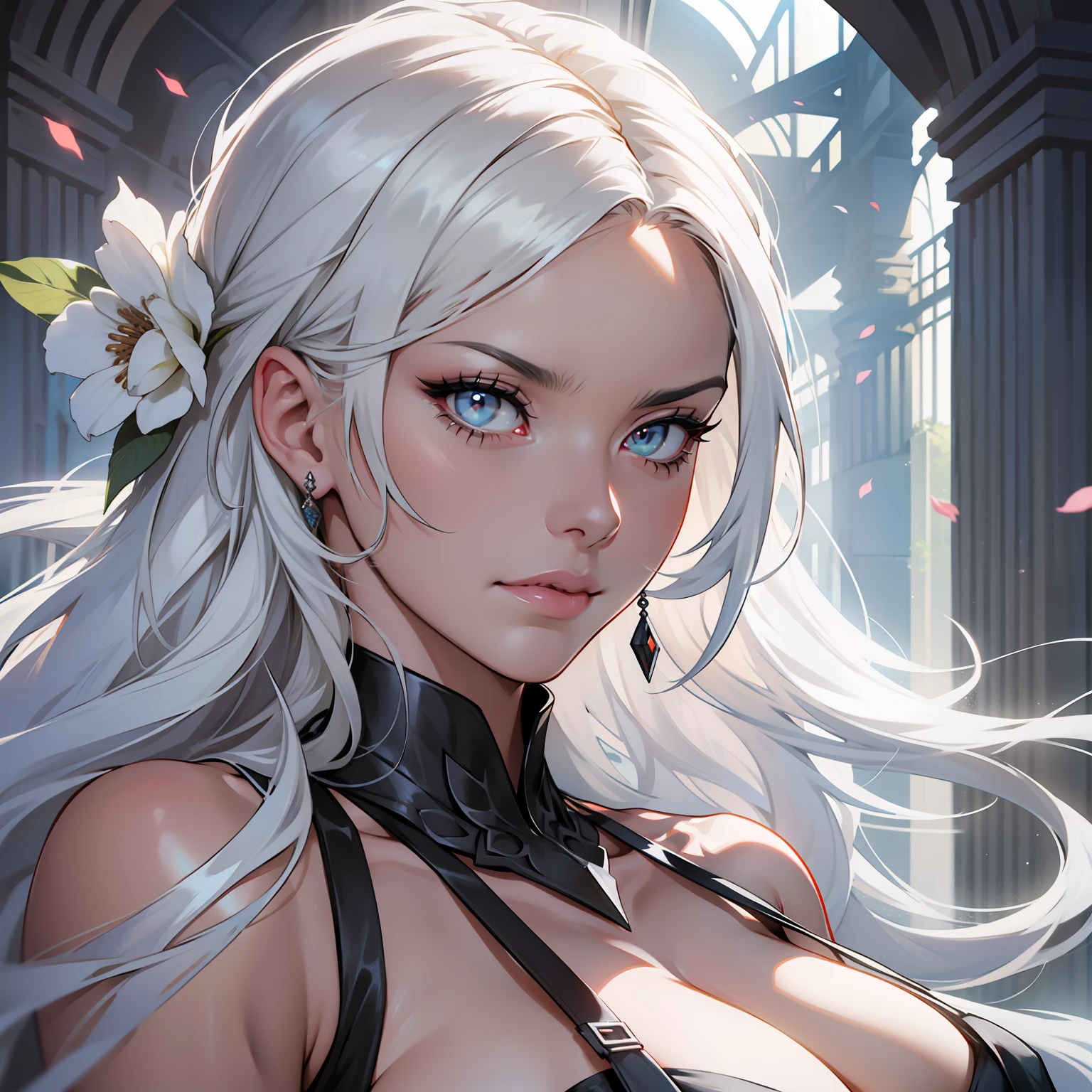 My mother is tall and beautiful. She has long hair, white hair. Her eyes are dark gray. She wears a long, flowing white gown. She is very kind and gentle, but she can be very stern when she needs to be. beautiful female, big bust