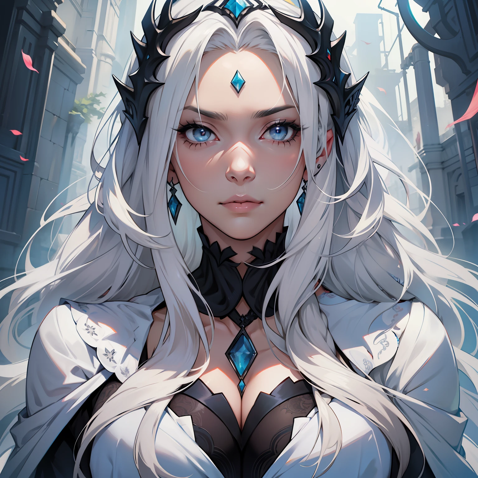 My mother is tall and beautiful. She has long hair, white hair. Her eyes are dark gray. She wears a long, flowing white gown. She is very kind and gentle, but she can be very stern when she needs to be. beautiful female, big bust