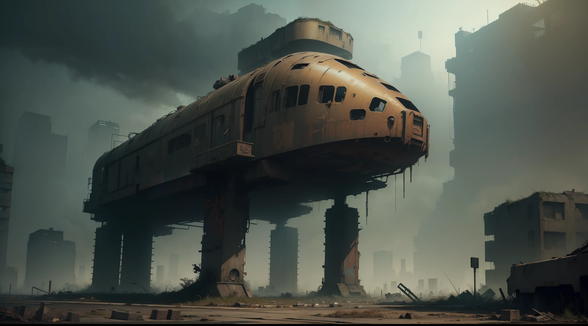 (masterpiece, best quality:1.2), ((Dystopian)), Rusty Behemoth, Post-Apocalyptic Metropolis, Urban Decay, 
Overgrown Vegetation, Crumbling Infrastructure, Grim Dark Comic Style, Darkened Skies, Flickering Neon, Abandoned 
Streets, Desolate Silence, Time-Worn Graffiti, Unearthly Glow, Despair Atmosphere, Futuristic Ruins, Ravaged Technology,