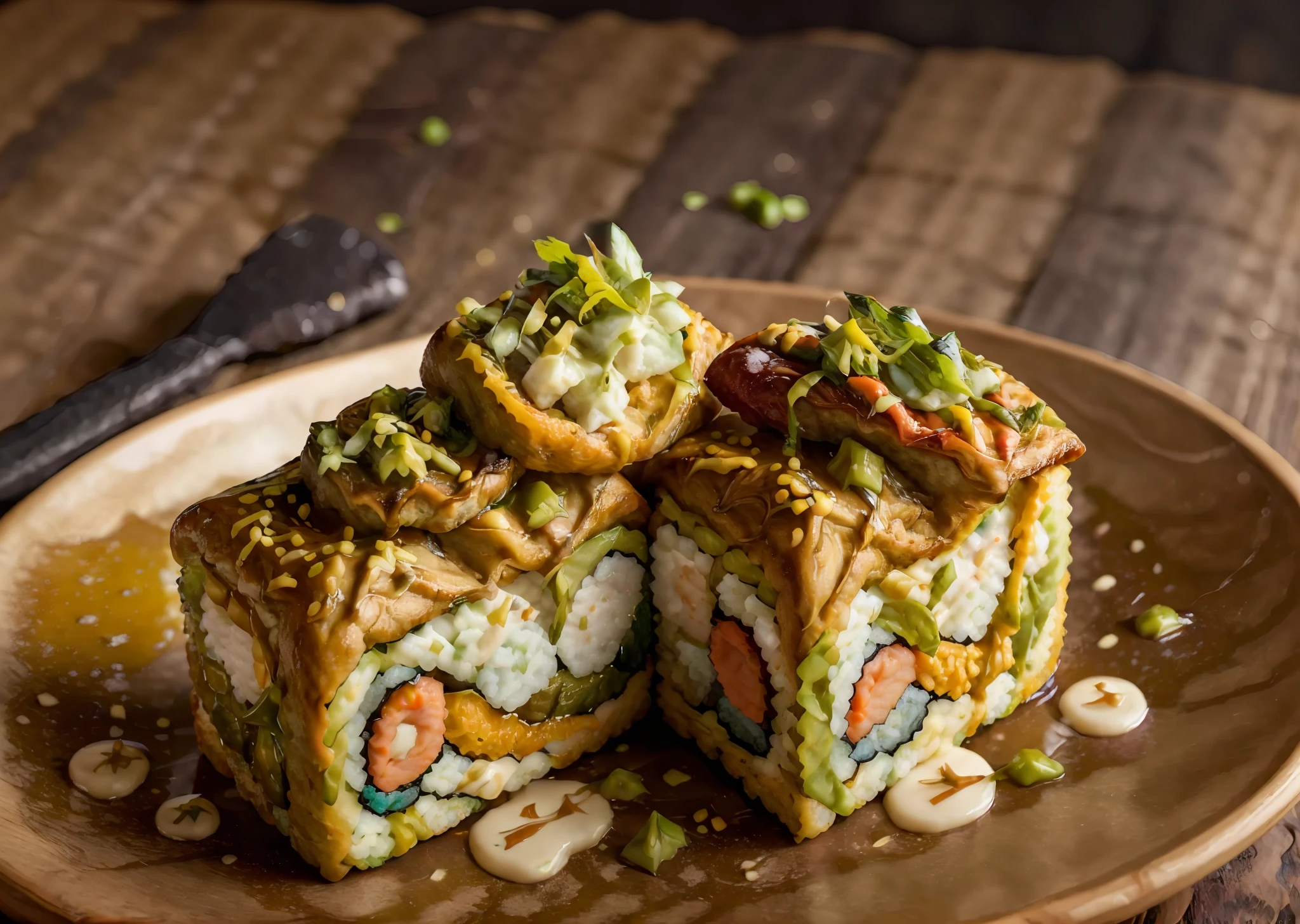 filmic grain, fujifilm XT |, Alien Nebula Sushi Roll, a fusion of Earth and extraterrestrial flavors, featuring delicate strips of alien seaweed, Arroz da rocha da lua, and a medley of cosmic fillings. Served with wasabi from a distant galaxy, foodphoto