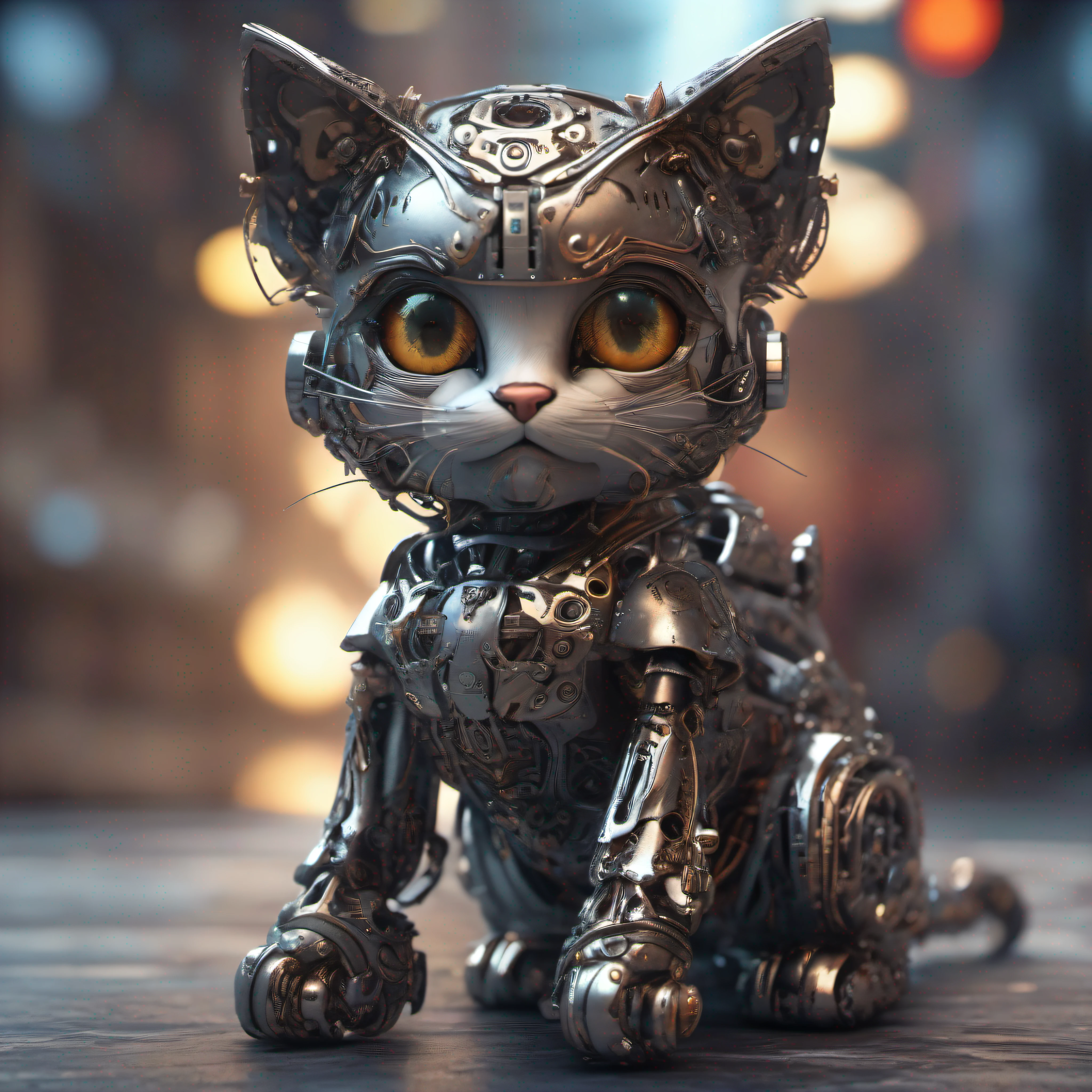 A cute kitten made of metal, robot, cyberpunk style, ((intricate details)), hdr, ((intricate details, super detailed)), cinematic footage, vignette
