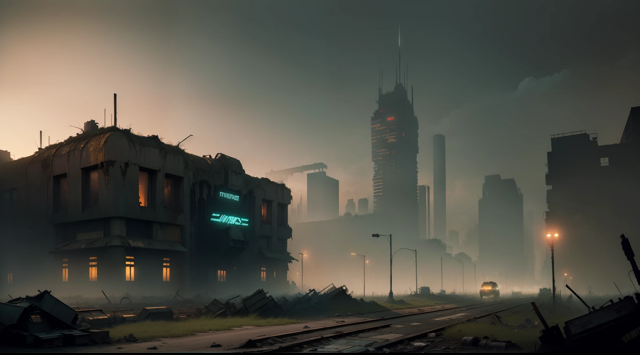 (masterpiece, best quality:1.2), ((Dystopian)), Rusty Behemoth, Post-Apocalyptic Metropolis, Urban Decay, 
Overgrown Vegetation, Crumbling Infrastructure, Grim Dark Comic Style, Darkened Skies, Flickering Neon, Abandoned 
Streets, Desolate Silence, Time-Worn Graffiti, Unearthly Glow, Despair Atmosphere, Futuristic Ruins, Ravaged Technology,