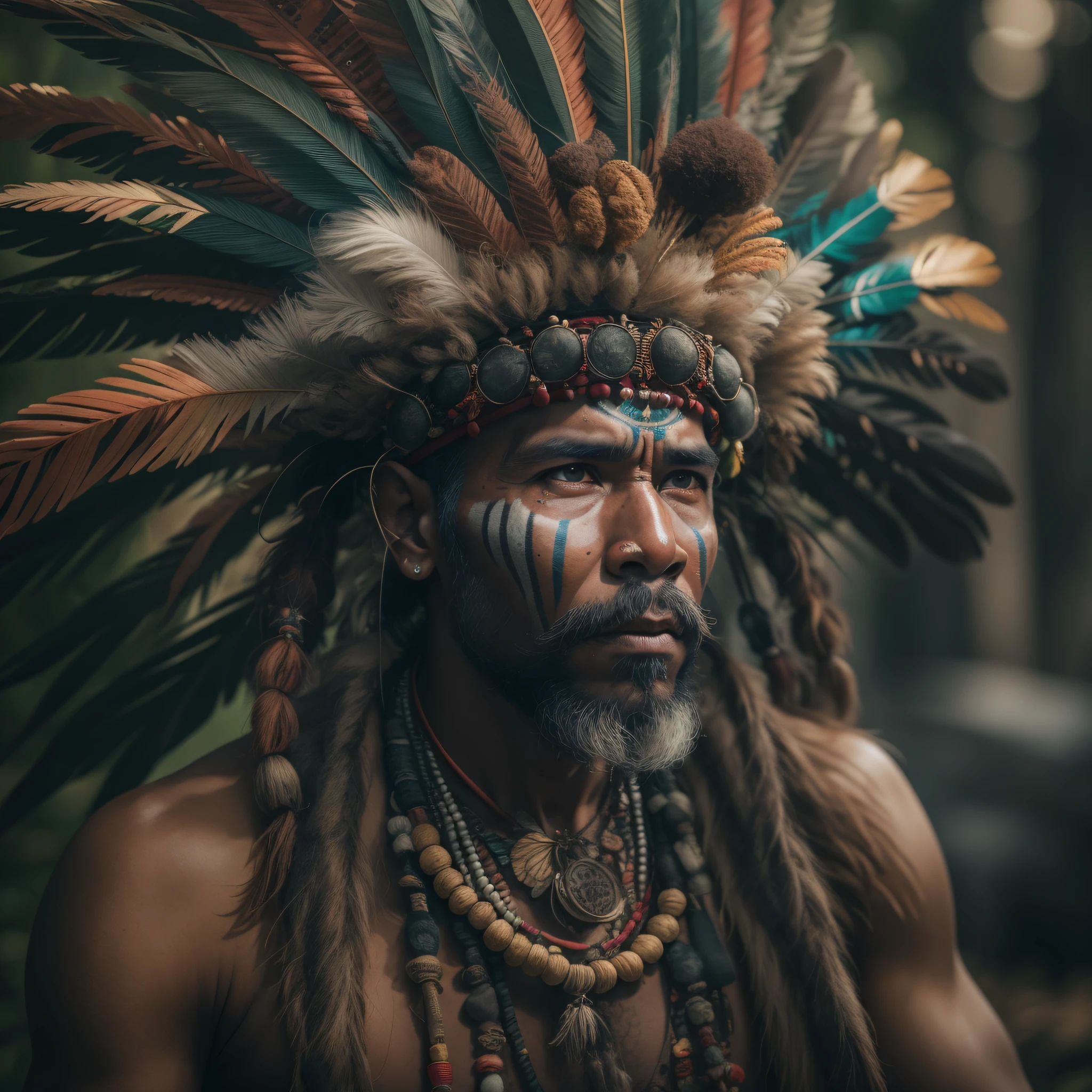there is a man with a feather headdress and a beard, indigenous man, ancient tribe, witch - doctor, ayahuasca shaman, african man, dramatic portraiture of namenlos, color photograph portrait 4k, 8k artistic portrait photography, anthropological photography, portrait shot, portrait shot 8 k, portrait of a forest mage, portrait of a warrior