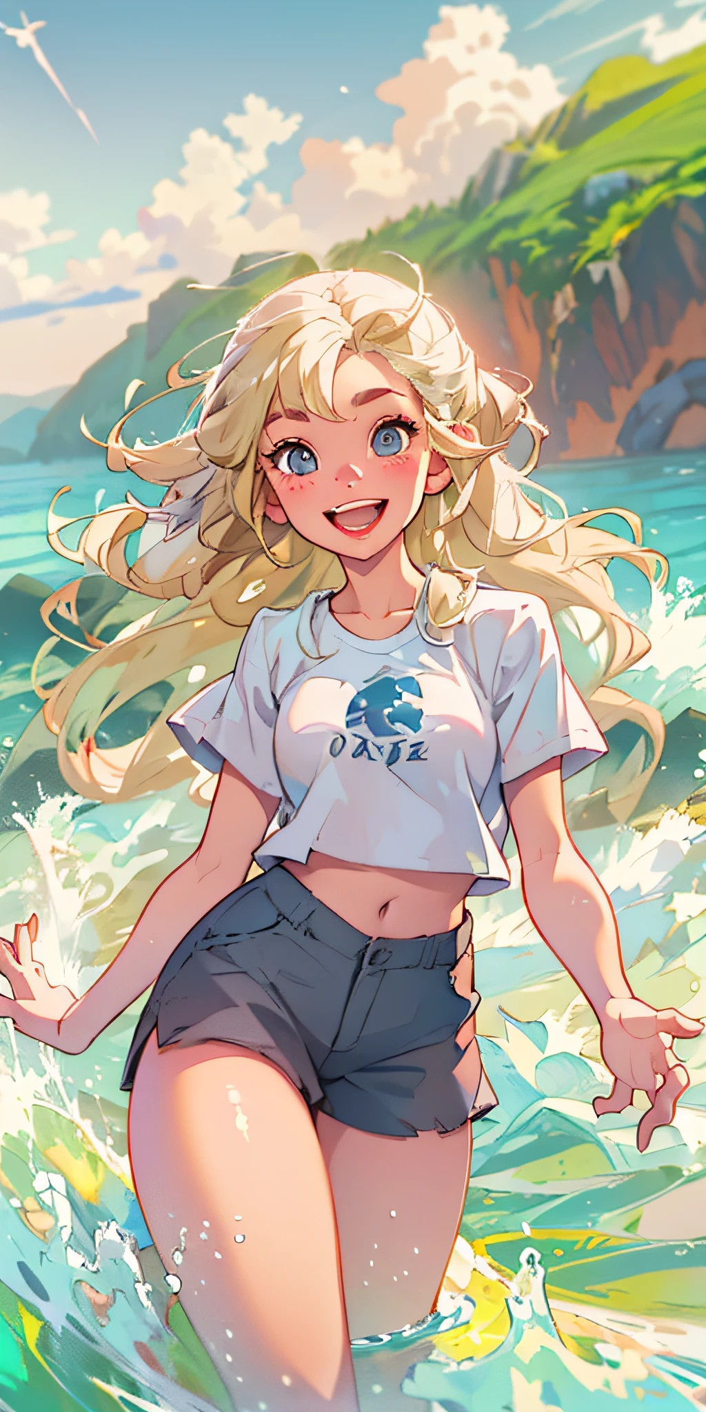 (best quality, masterpiece), 1girl, paw pose, smile, laughing, ocean, crop top, shorts, blonde, freckles, blush, looking at viewer, wavy hair, cloud, splashing, waves, sun, mountain, wet