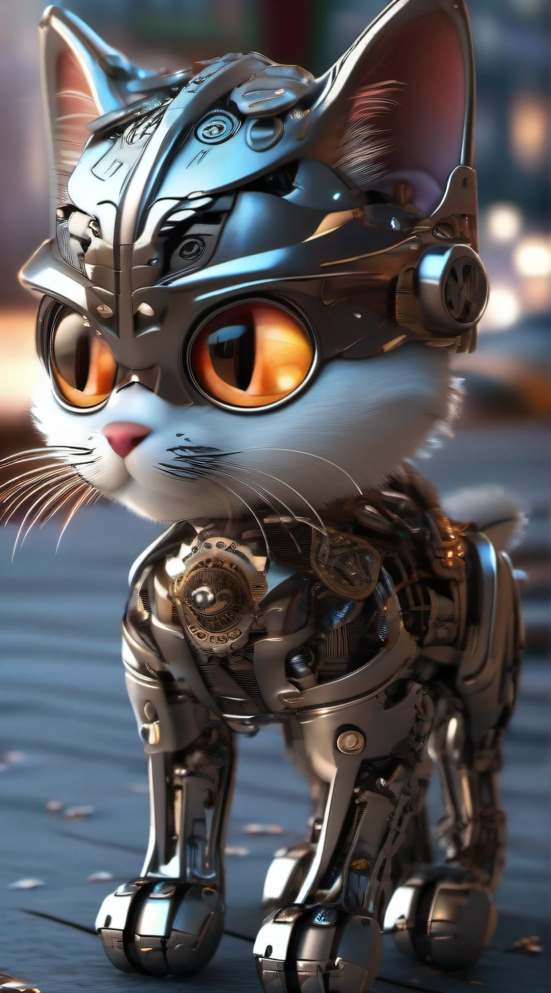 A cute kitten made of metal, robot, cyberpunk style, ((intricate details)), hdr, ((intricate details, super detailed)), cinematic footage, vignette
