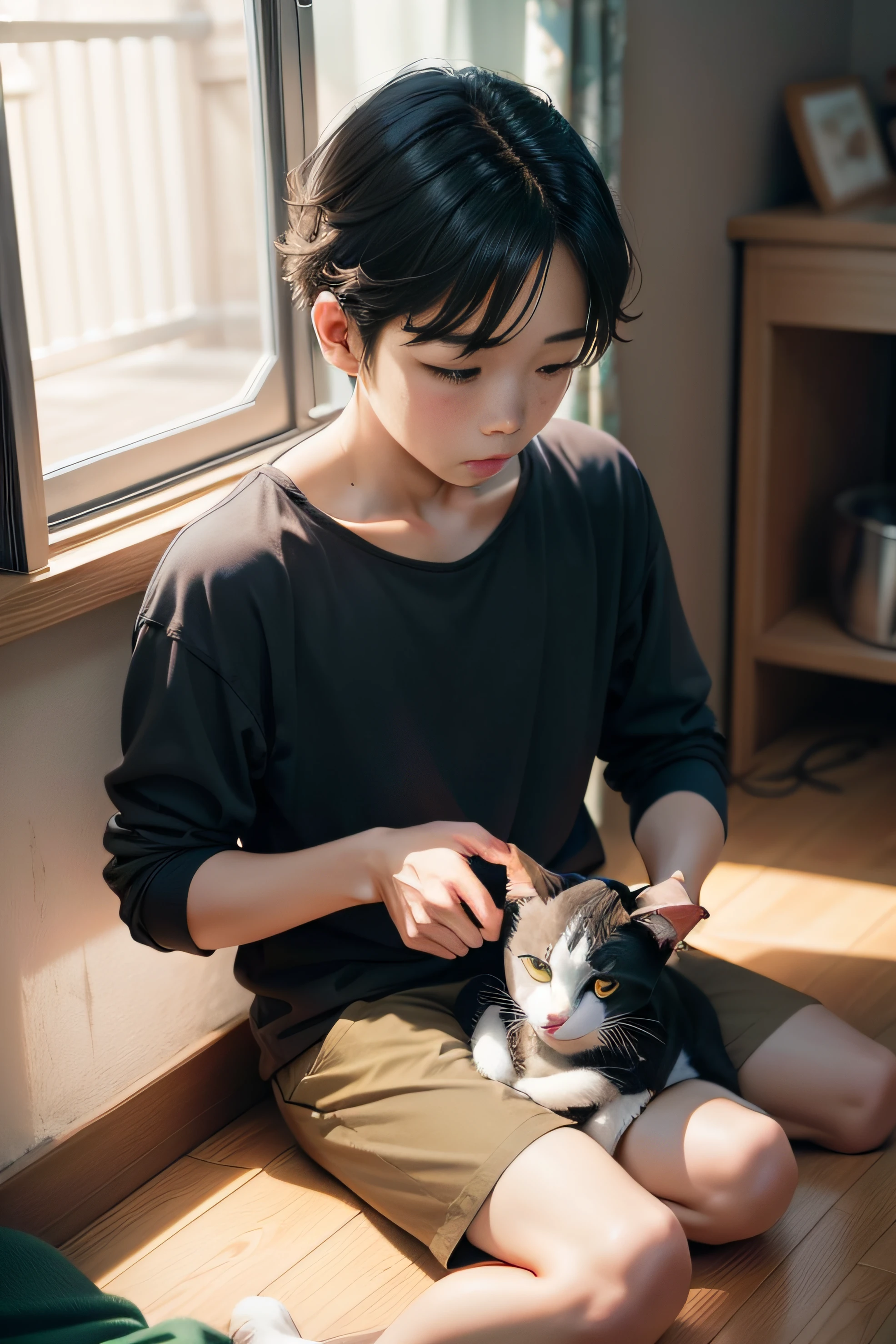 In the house、One Boy Talking to One Cat