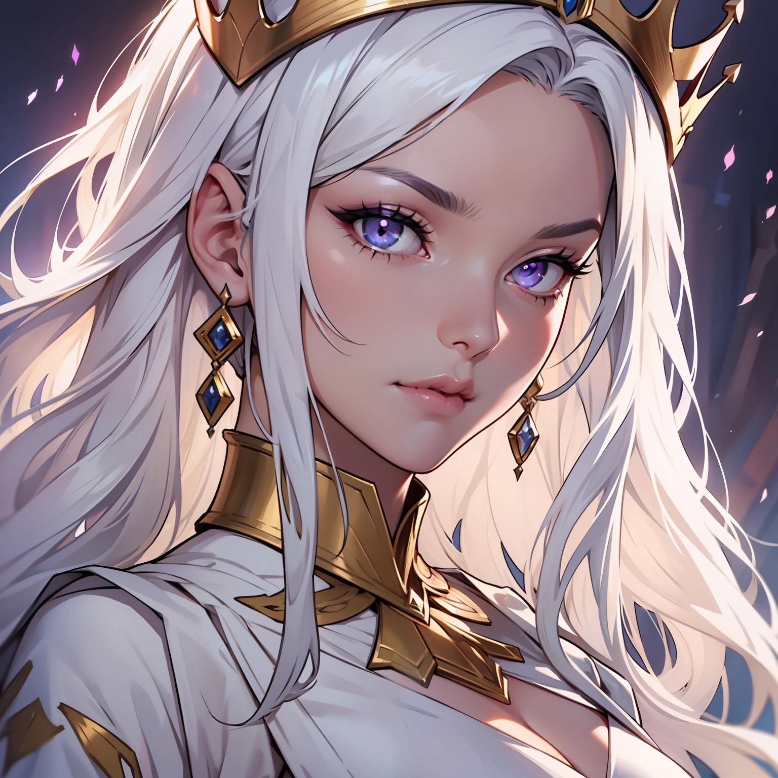 My mother is tall and beautiful. She has long hair, white hair. Her eyes are dark purple. She wears a long, flowing white gown. She is very kind and gentle, but she can be very stern when she needs to be. beautiful female, big bust, crown