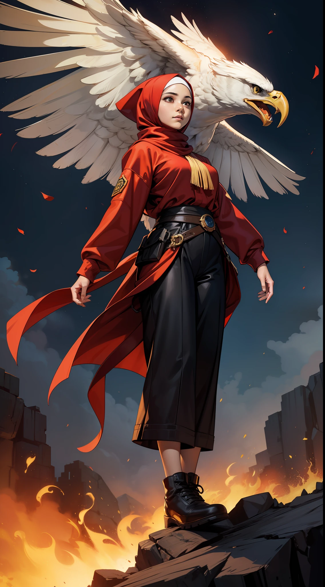 Masterpiece, realistic, A little hijab girl, wearing a long sleeve and long big pant, proudly holding a large red and white cloth, ride a big eagle, flying in the night sky, with highly detailed eyes and face, full body view, exuding extreme happiness, celebrating Indonesian Independence Day, patriotic pose, explosion fire, with splashes of water and fire in the background, creating a dramatic atmosphere.