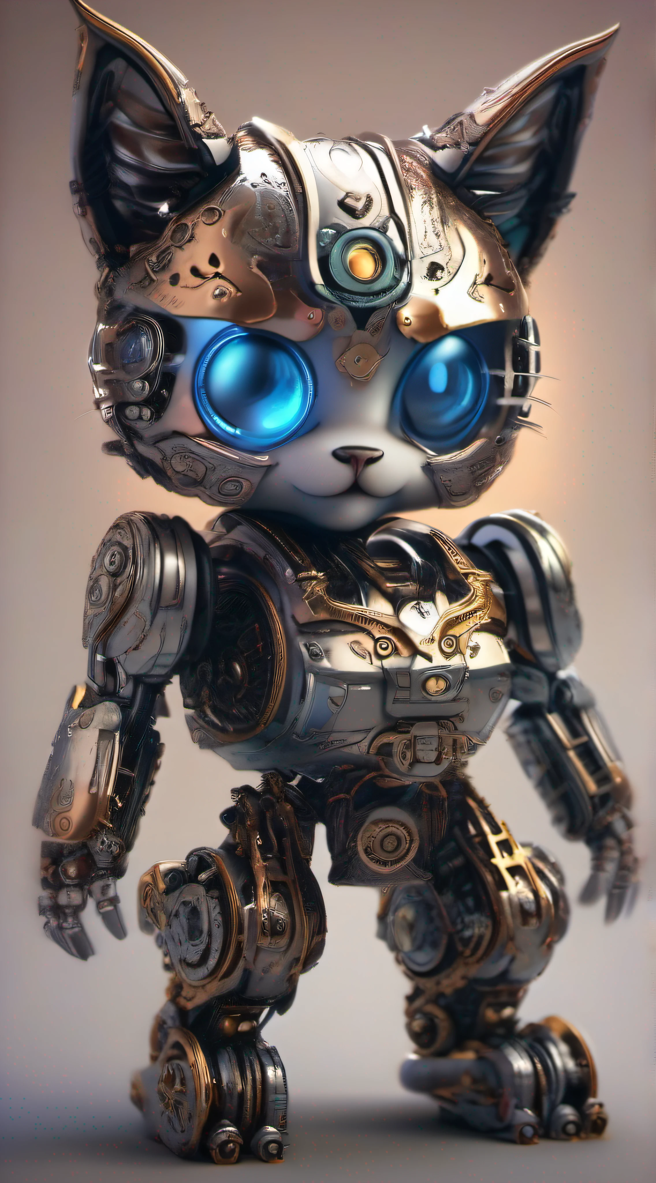 A cute kitten made of metal, robot, cyberpunk style, ((intricate details)), hdr, ((intricate details, super detailed)), cinematic footage, vignette