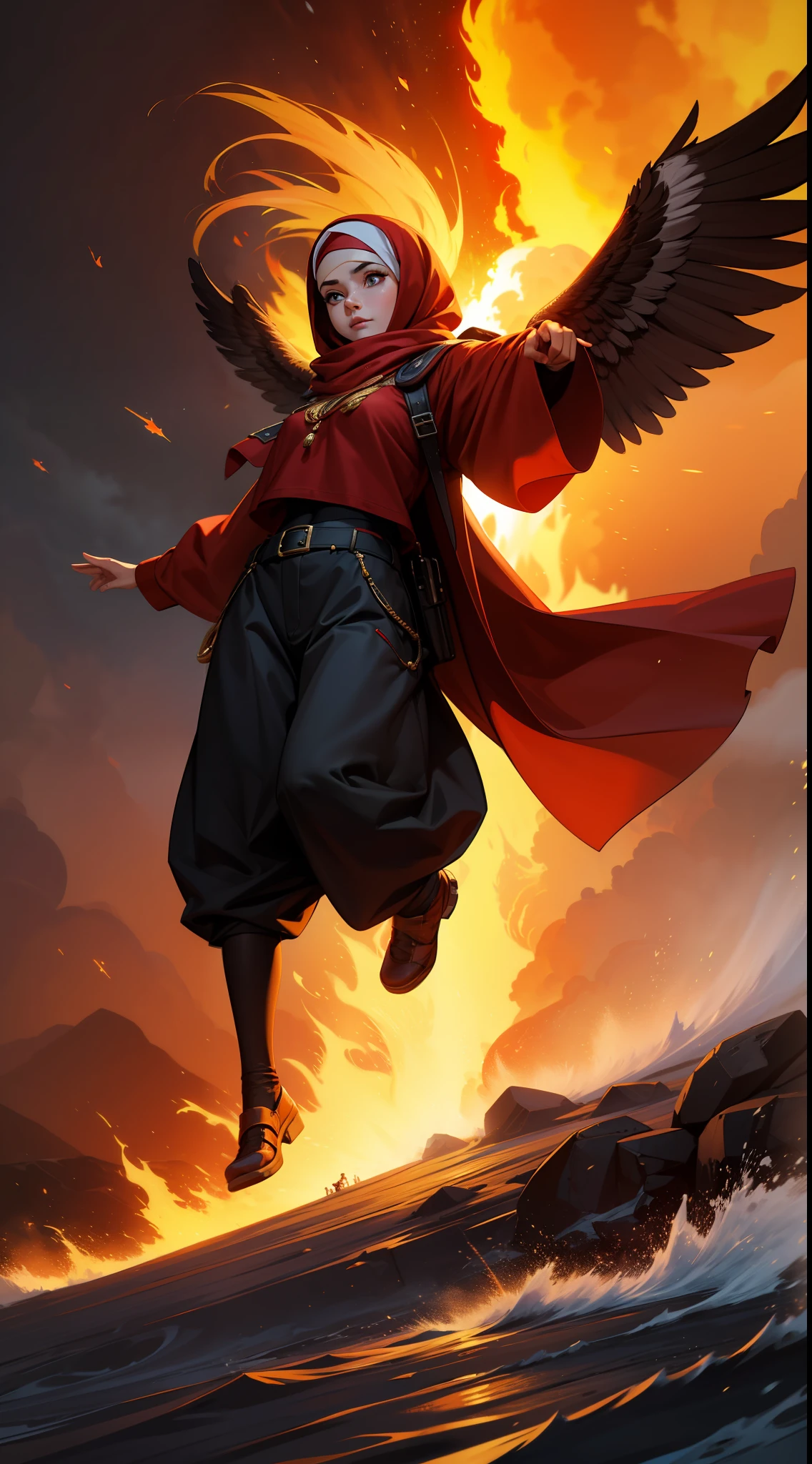 Masterpiece, realistic, A  hijab girl, wearing a long sleeve and long big pant, proudly holding a large red and white cloth, ride a big eagle, flying in the night sky, with highly detailed eyes and face, full body view, exuding extreme happiness, celebrating Indonesian Independence Day, patriotic pose, explosion fire, with splashes of water and fire in the background, creating a dramatic atmosphere.