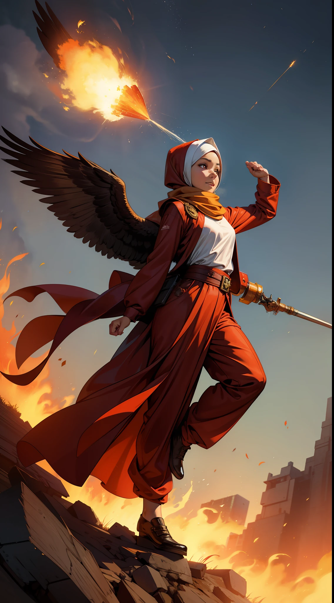 Masterpiece, realistic, A little hijab girl, wearing a long sleeve and long big pant, proudly holding a large red and white cloth, ride a big eagle, flying in the night sky, with highly detailed eyes and face, full body view, exuding extreme happiness, celebrating Indonesian Independence Day, patriotic pose, explosion fire, with splashes of water and fire in the background, creating a dramatic atmosphere.