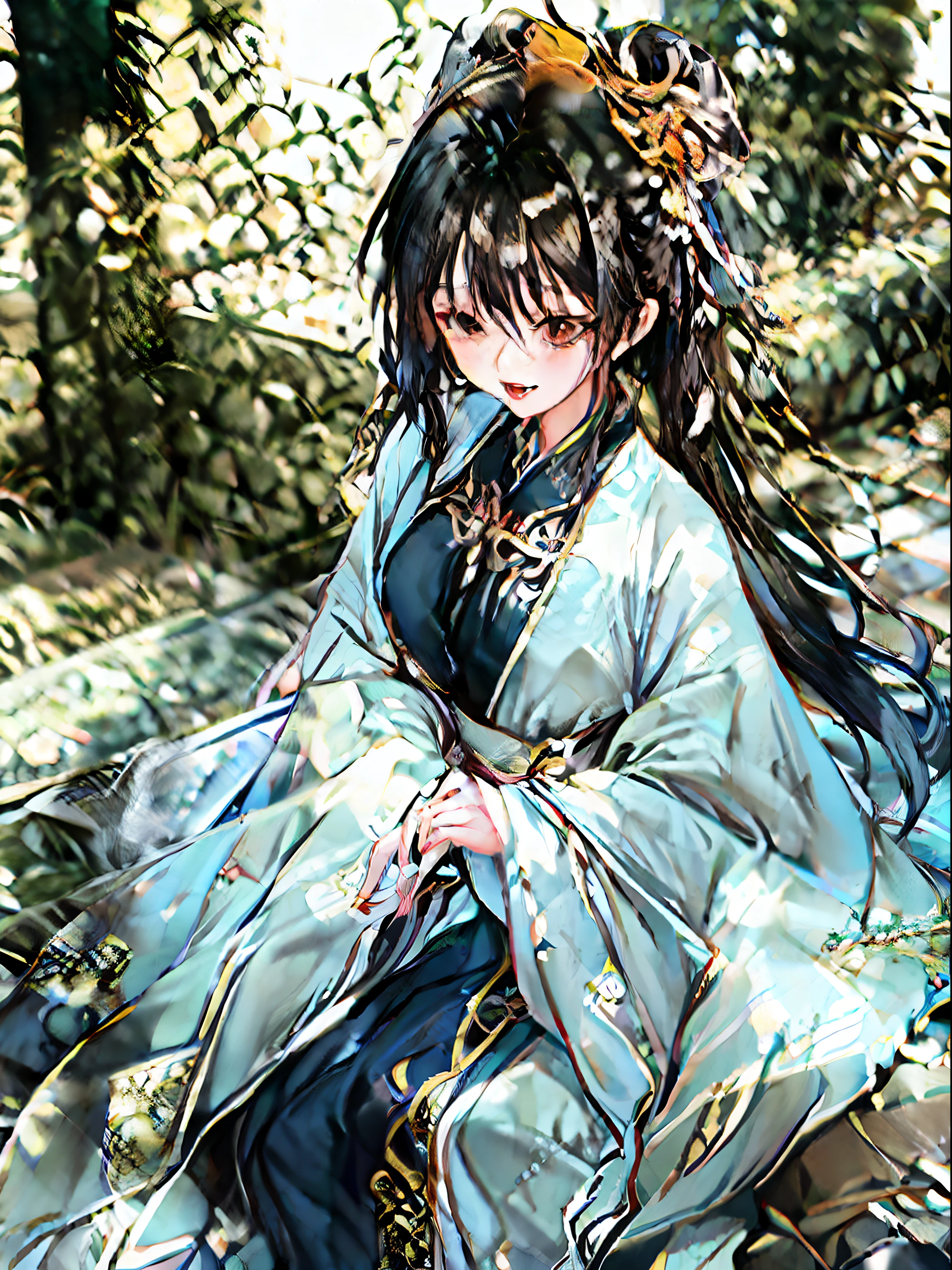 A woman in Hanfu with black hair, red eyes, black stockings, a woman in a cheongsam with white hair, blue eyes, white stockings