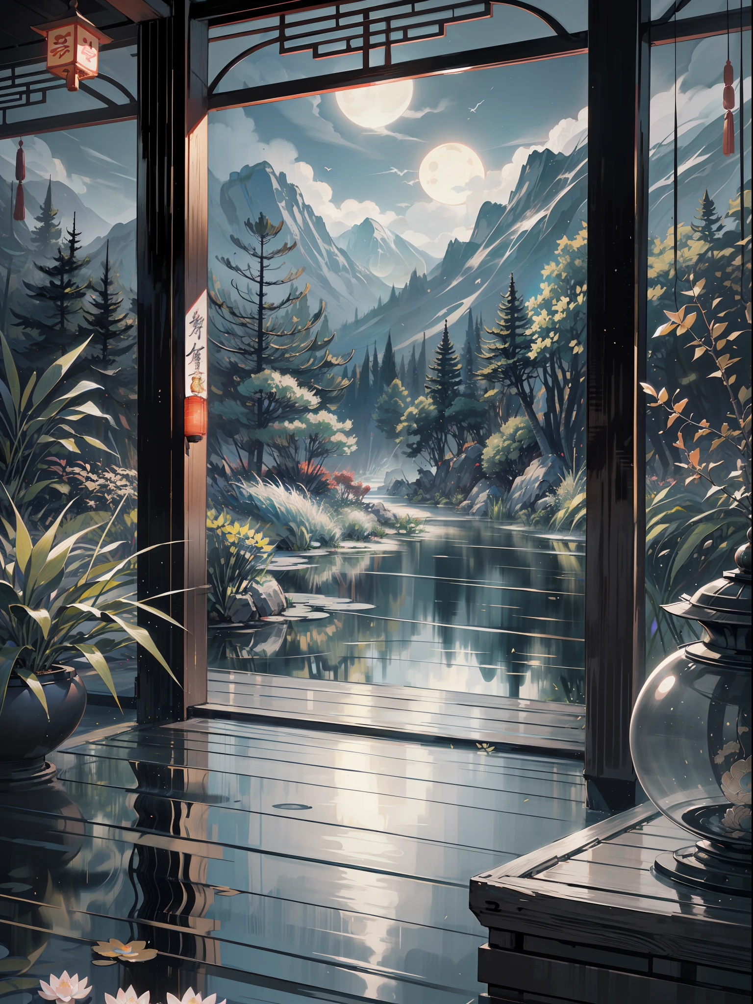 masterpiece,best quality,Chinese martial arts style,an asian night scene with lanterns and water lilies,asian pond with many lanterns and boatsa night scene with many lights and boats in the water, Lake surface, lotus flowers,beautiful night scene,(((Chinese martial arts style))), with vast sky, continuous mountains and steep cliffs, ink wash style, outline light, atmospheric atmosphere, depth of field, mist rising, bamboo, pine trees, octagonal stone pavilion, waterfall flowing water,big full moon,(No color) , Monochrome, light color,