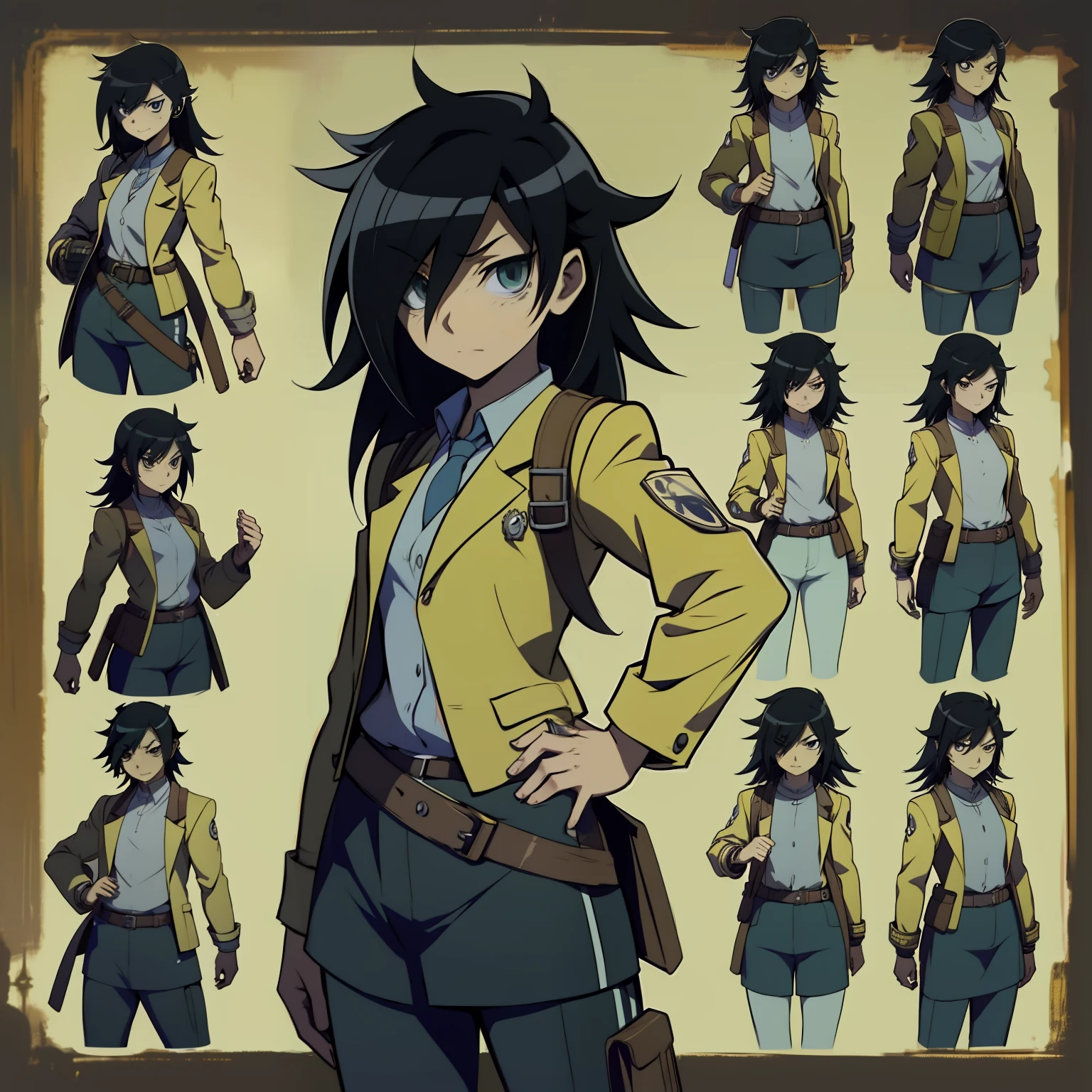 Primer plano de Obra maestra, detallado, Tomoko-Kuroki un chica con un disfraz de pistola, ((arte conceptual del personaje)), ((Character Design Sheet, Mismo personaje, Frente, lado, derriere)) arte de personaje de historia de arce, video game character design, video game character design, Tomoko-Kuroki de pistola de historia de arce, arte conceptual experto de alto detalle, arte conceptual de bala de metal, funny character design, Tomoko-Kuroki como mujer, Inspiration of gravity fever, sticky tar. arte conceptual, belt buckle at waist, Pistola Steampunk