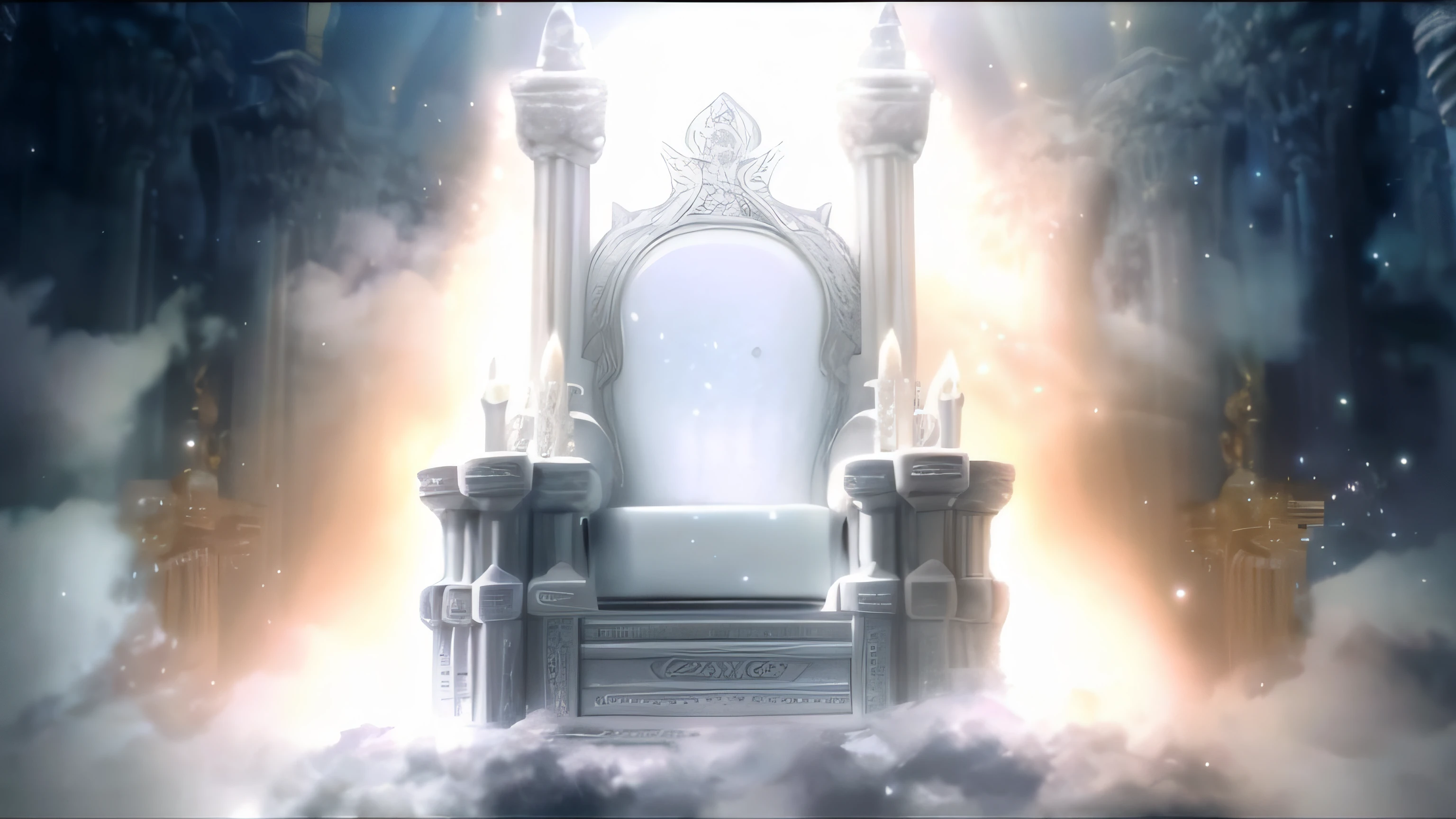 Trono nas nuvens com um trono branco no meio, deitado um trono em uma terra de fantasia, O Trono Brilhante, Trono do Olimpo, light kingdom backdrop, heavens gate, entrance to ethereal realm, Palace floating in the sky, em um trono de cristais, magic portal in the sky, heavens gate, Trono quebrado, trono, cena de abertura, Trono de Ouro. alta resolução, nuvens em volta, luz dourada ao fundo