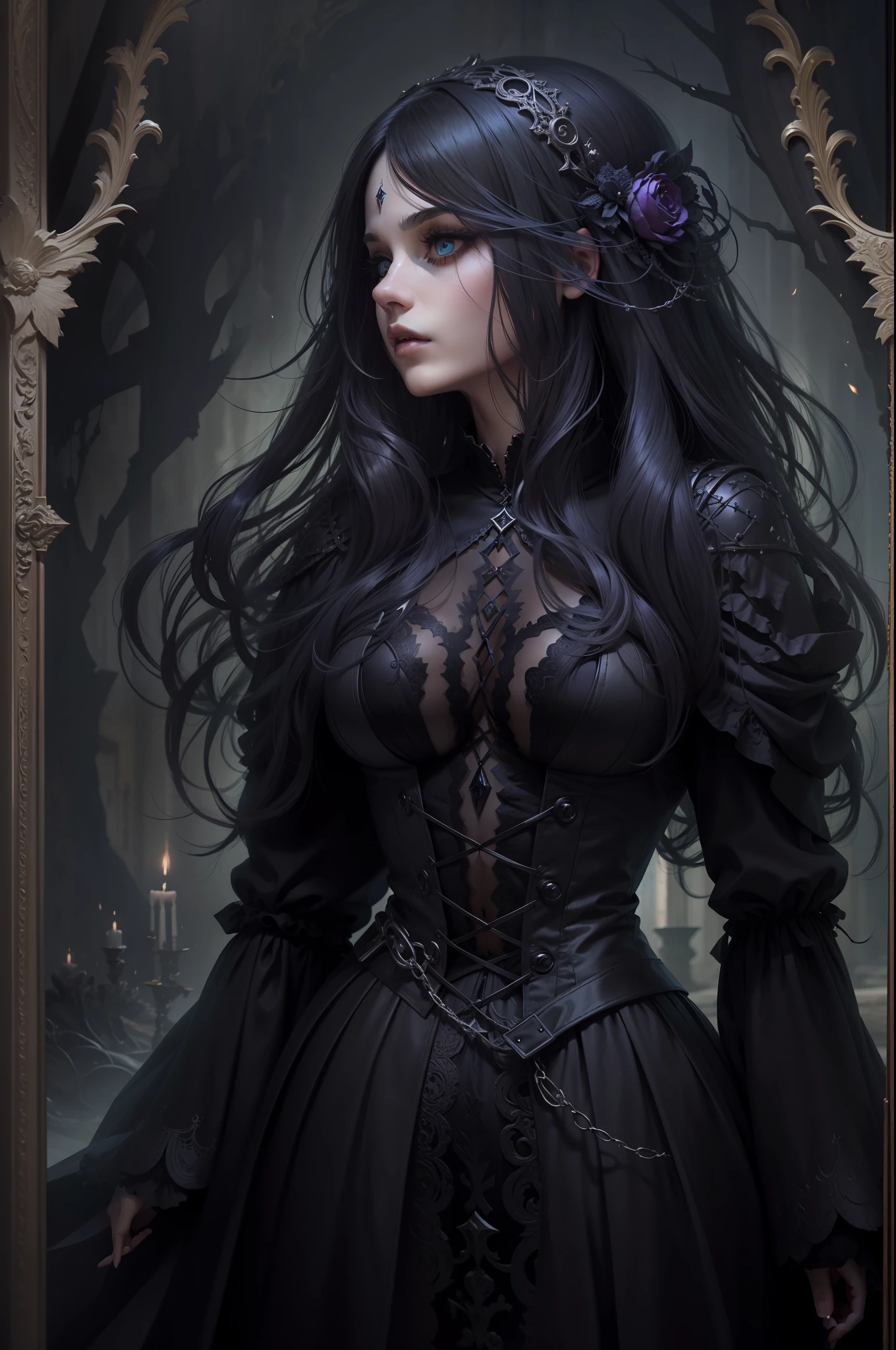 Uma elfa de cabelos pretos longos com franja com raiva, semi nua, goth clothing, Arte de Fantasia, gothic art, alto detalhe, imagem de corpo inteiro