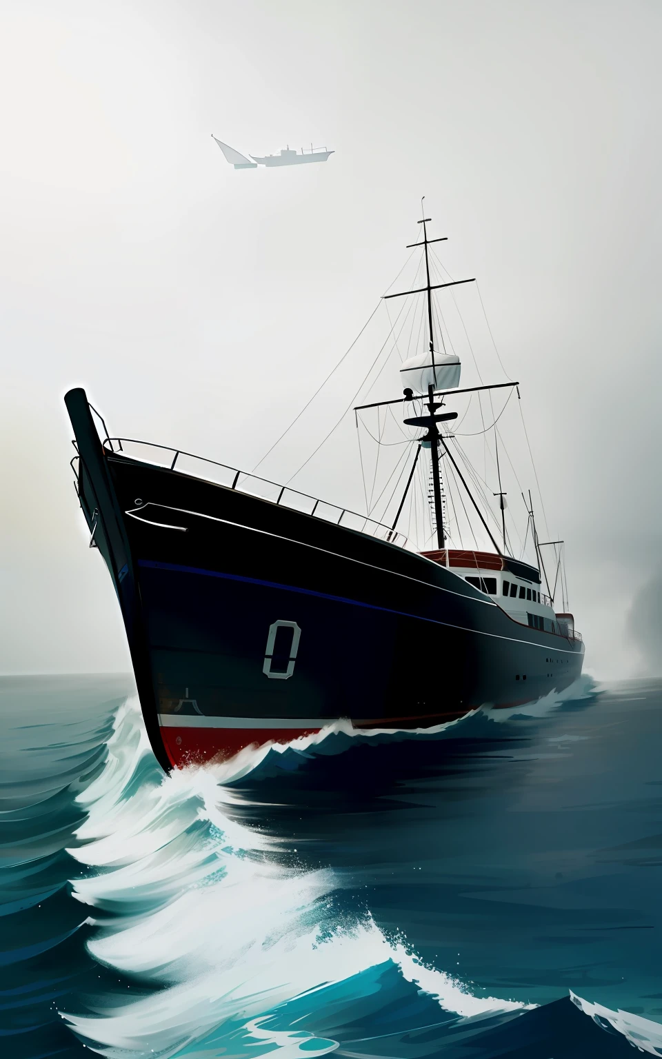 boat from the 1940s, sailing through the fog
