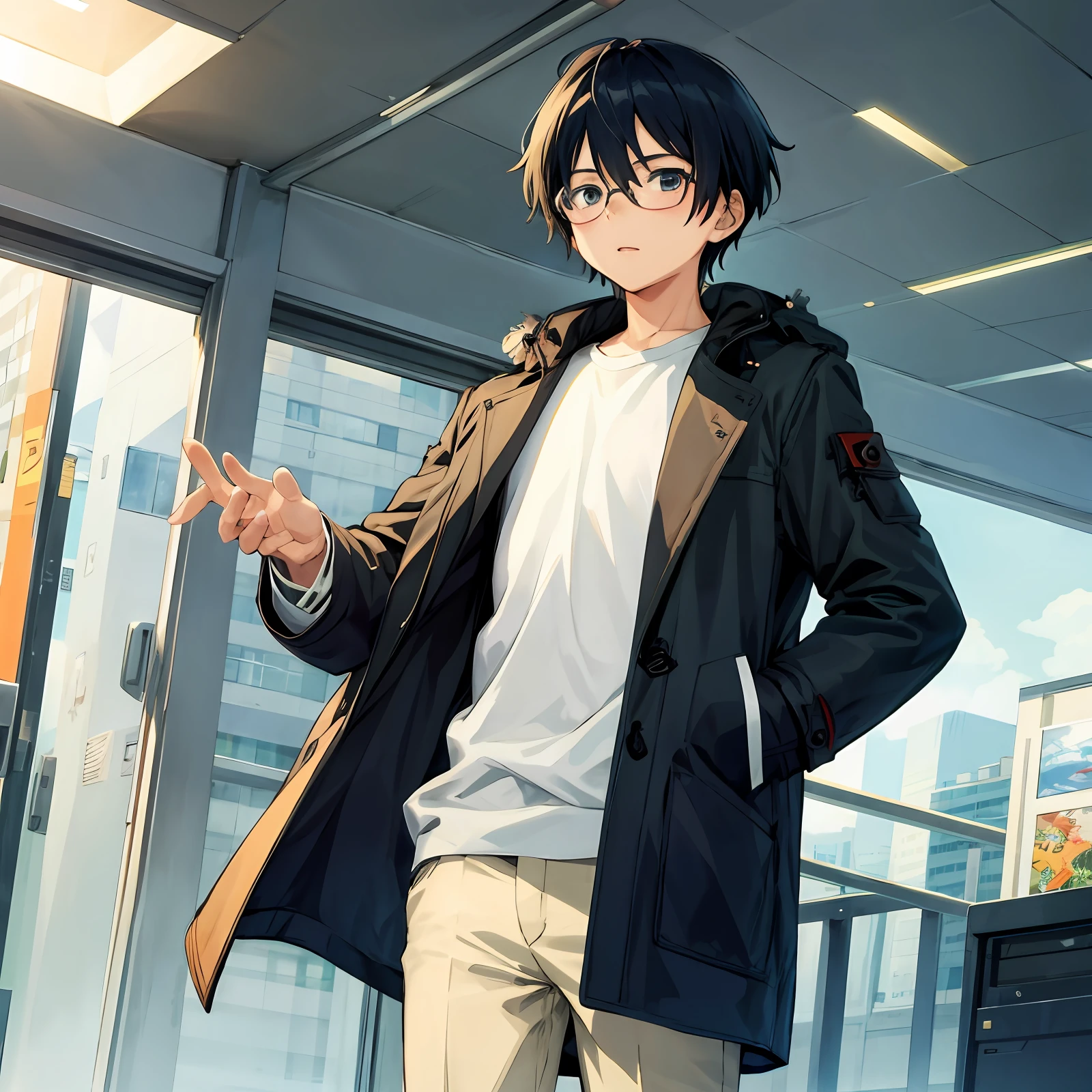 manga,boy,short hair,glasses, coat