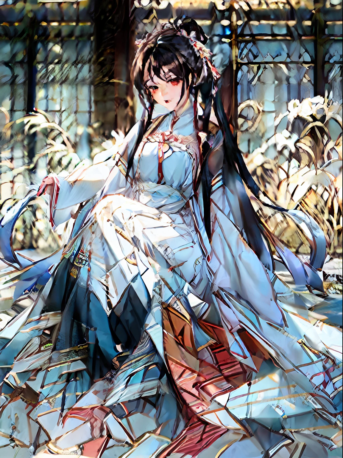 A woman in Hanfu with black hair, red eyes, black stockings, a woman in a cheongsam with white hair, blue eyes, white stockings