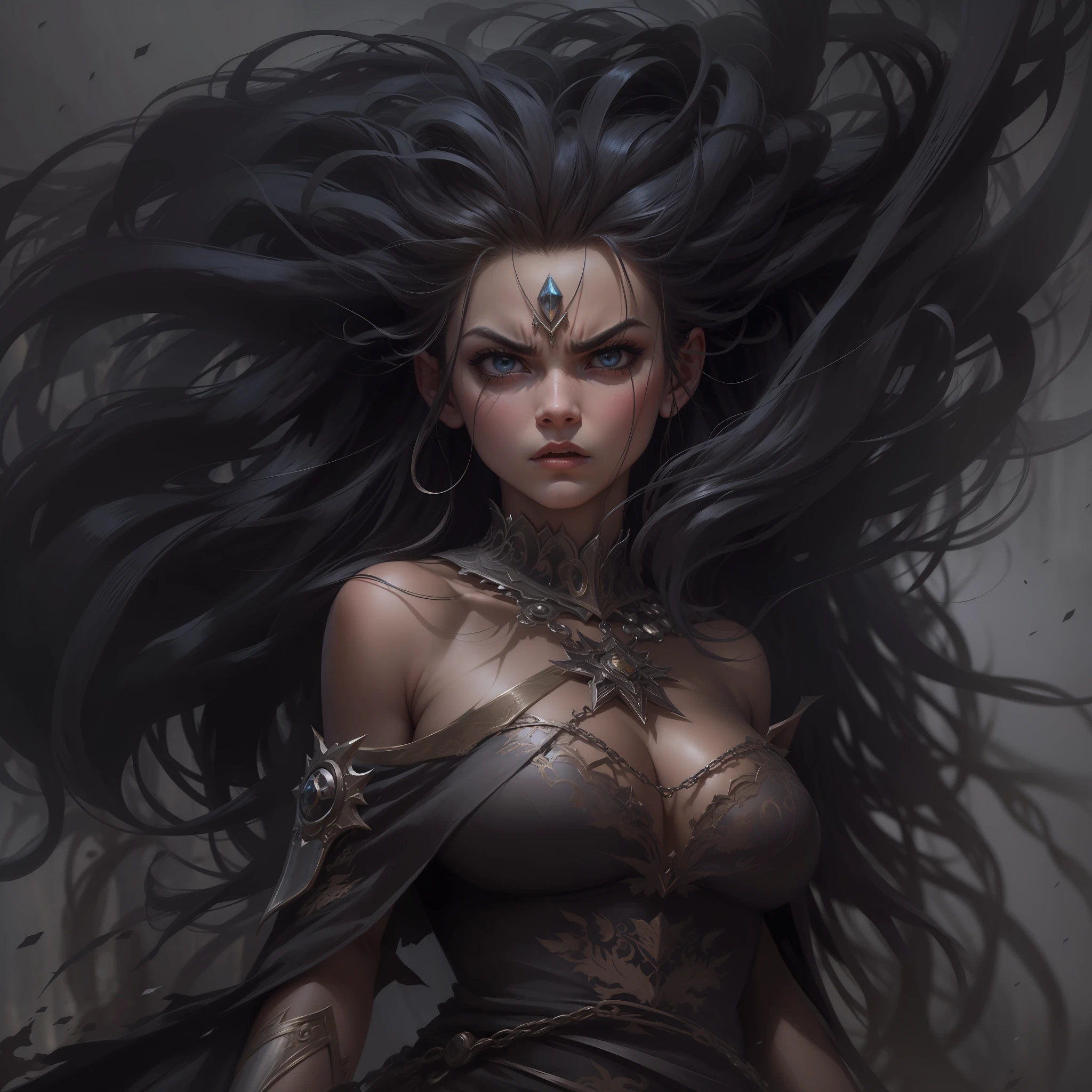 Uma elfa de cabelos pretos longos com franja, angry expression, seios , Arte de Fantasia, alto detalhe, imagem de corpo inteiro, medieval, imagem em alto detalhe